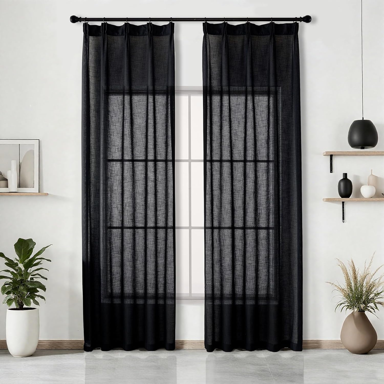 Ftinala Neutral Linen Semi Sheer Curtains 108 Inches Long, Cream Light Filtering Sliding Glass Door Curtains & Drapes, Modern Farmhouse Window Panel, Pinch Pleat Floor to Ceiling Curtain with Hook