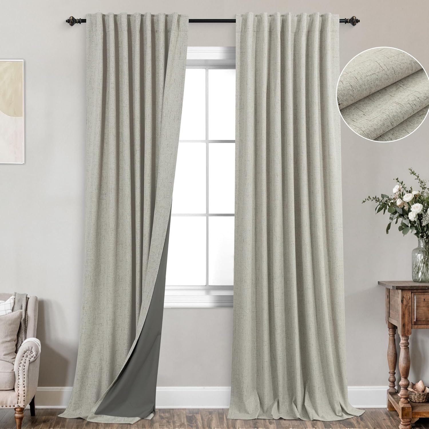 Extra Wide Soundproof Blackout Curtains with Pleated Back Tab Rod Pocket,96 Inch Long 2 Panel Set Thermal Curtain for Winter Insulated to Keep Cold Out Noise Reducing Curtains for Living Room Bedroom