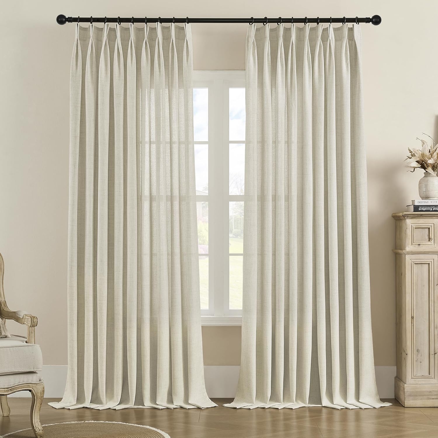MASWOND Pinch Pleated Sheer Curtains 84 Inches Long for Living Room, Faux Linen Pinch Pleat Drapes for Bedroom Light Filtering Window Curtains with Tieback and Hooks (52" x 84", Natural, 1 Panel)