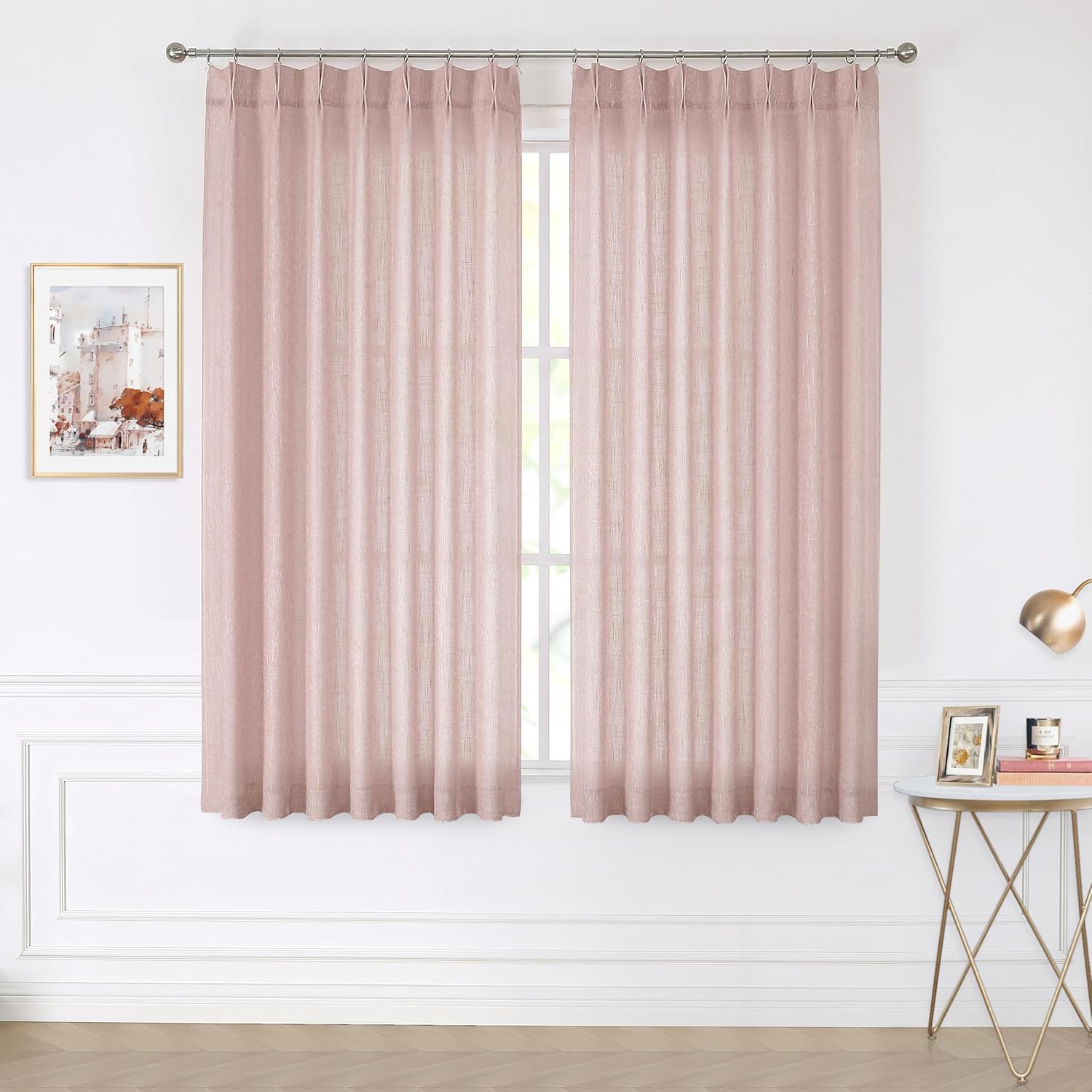 Vision Home Natural Pinch Pleated Semi Sheer Curtains Textured Linen Blended Light Filtering Window Curtains 90 inch for Living Room Bedroom Pinch Pleat Drapes with Hooks 2 Panels 42" Wx90 L