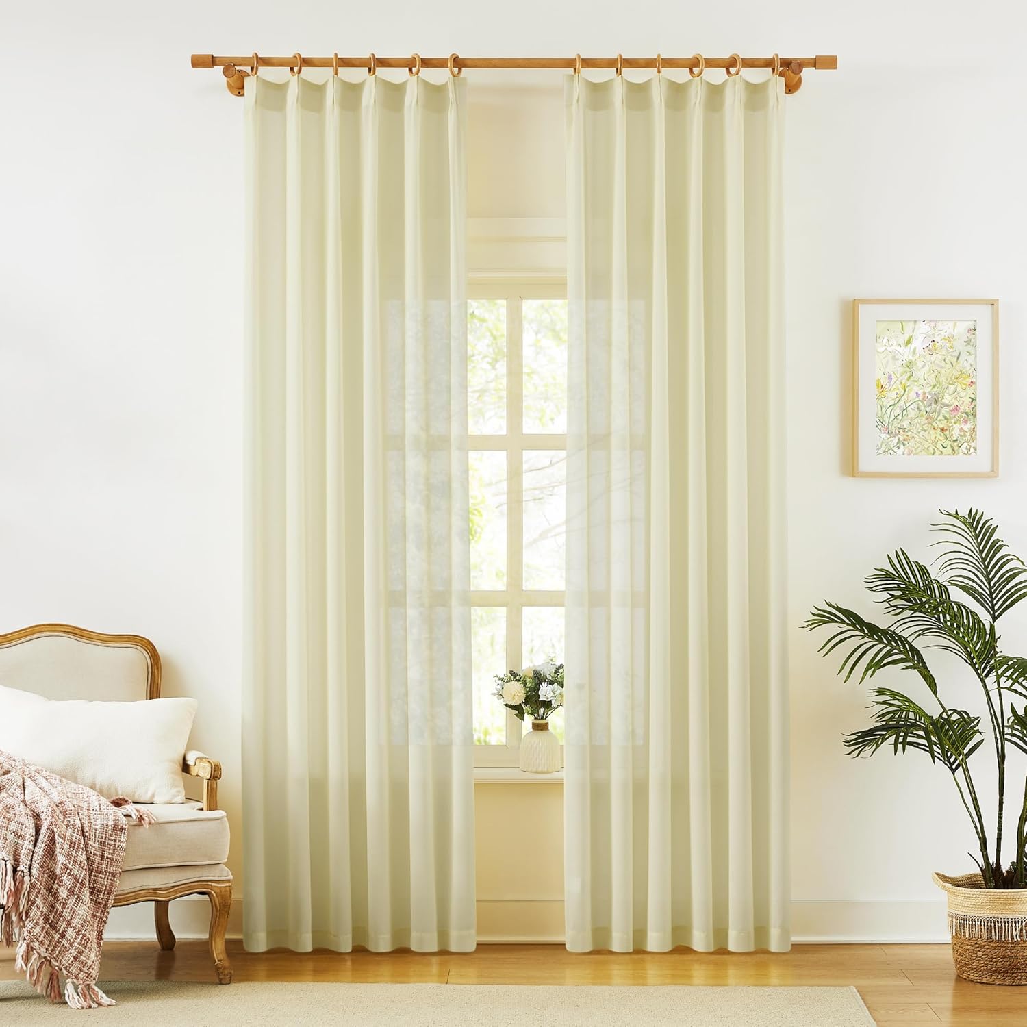 KangBang Pinch Pleat Sheer Curtains 112 Inches Long 2 Panels, Light Filtering Tree Branch Texture Soft Voile Drapes for Living Room Hotel Dorm, Gauzy and Breezy Window Panels, White,42x112 Inch