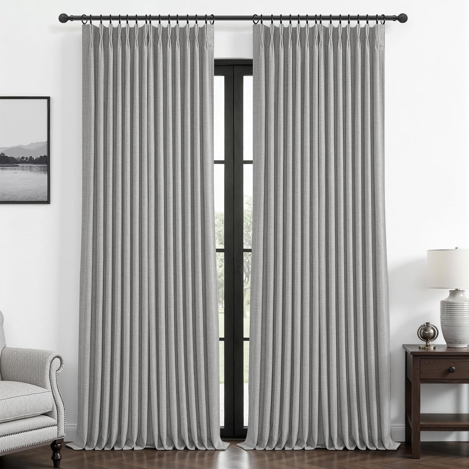 Beige White Blackout Floor to Ceiling Curtains 100 Inch Long for Sliding Door, Memory Trained Pinch Pleated Custom Double Layer Thick Linen Curtain Noise Reducing Light Blocking Bedroom Window Drapes