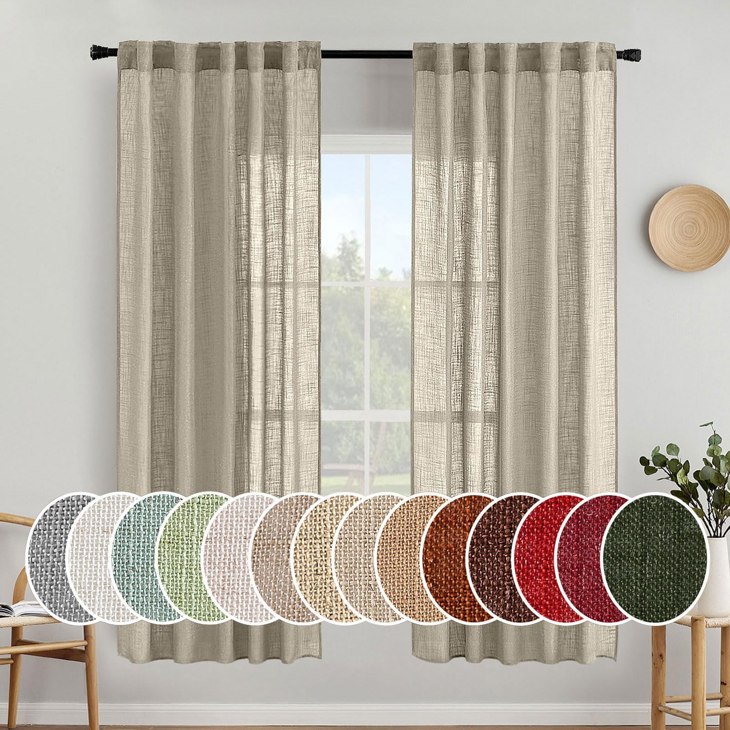 MIULEE Beige Linen Curtains 96 Inches Long 2 Panels for Bedroom Living Room, Soft Linen Textured Window Drapes Semi Sheer Light Filtering Back Tab Rod Pocket Farmhouse Modern Burlap Look Decor