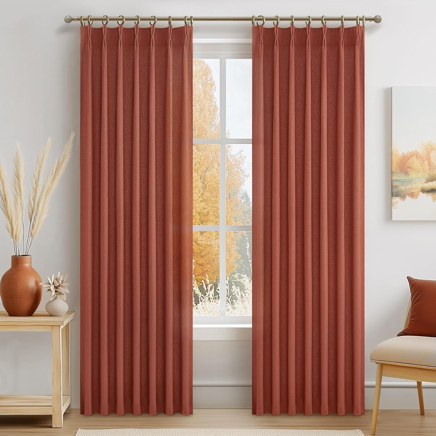 Pinch Pleated Linen Curtains 96 Inches Long for Living Room Bedroom, Light Filtering Boho Window Drape 96 inch 2 Panels Burgs with Hooks&Rings 8ft Cream Birch Sliding Glass Door Sheer Curtain Decor