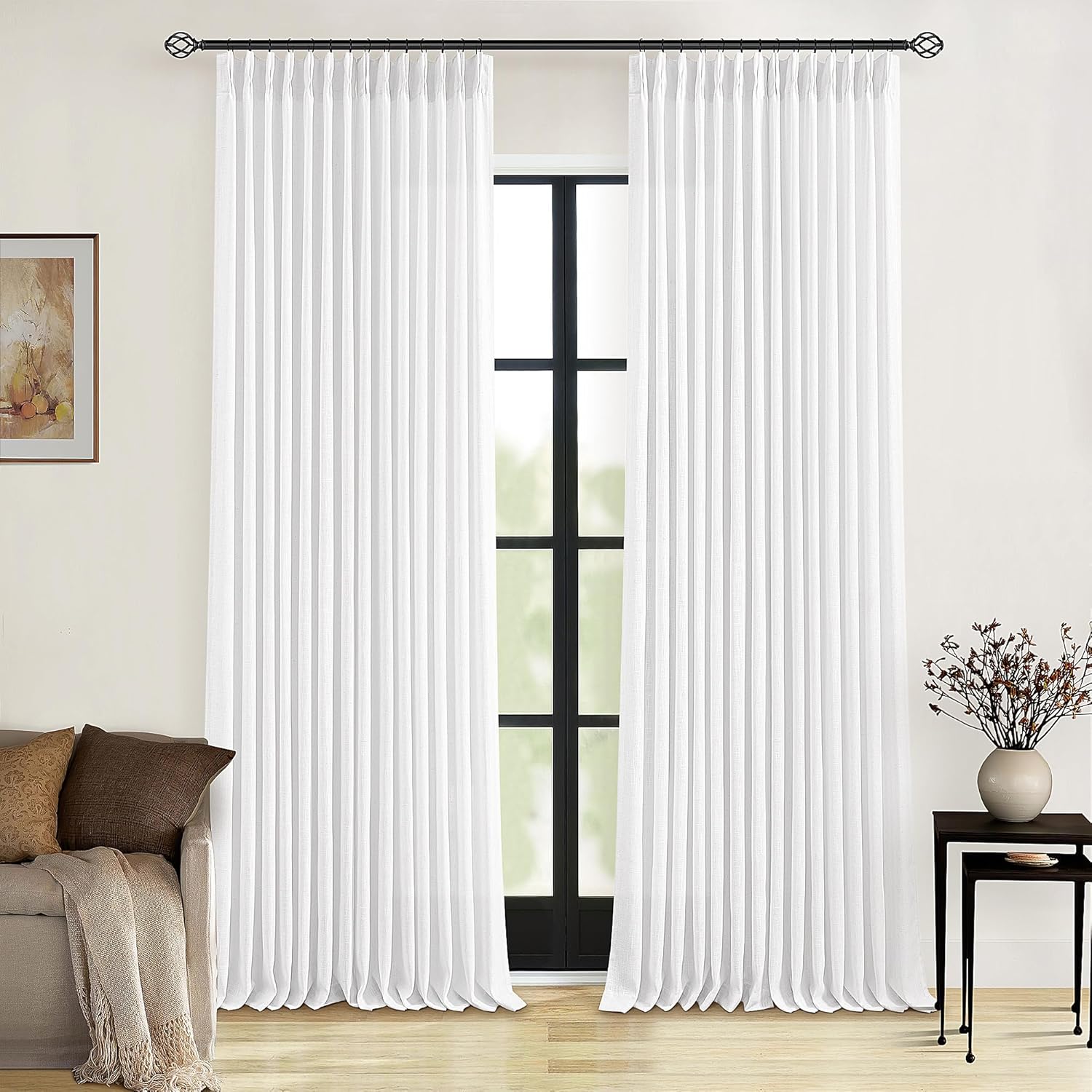 Natural Pinch Pleated Linen Curtains 84 Inch Length 2 Panels for Living Room Bedroom Textured Cream Ivory Birch Semi Sheer Boho Neutral Back Tab Pinch Pleat Hooks Rings Window Curtain 84 Inches Long