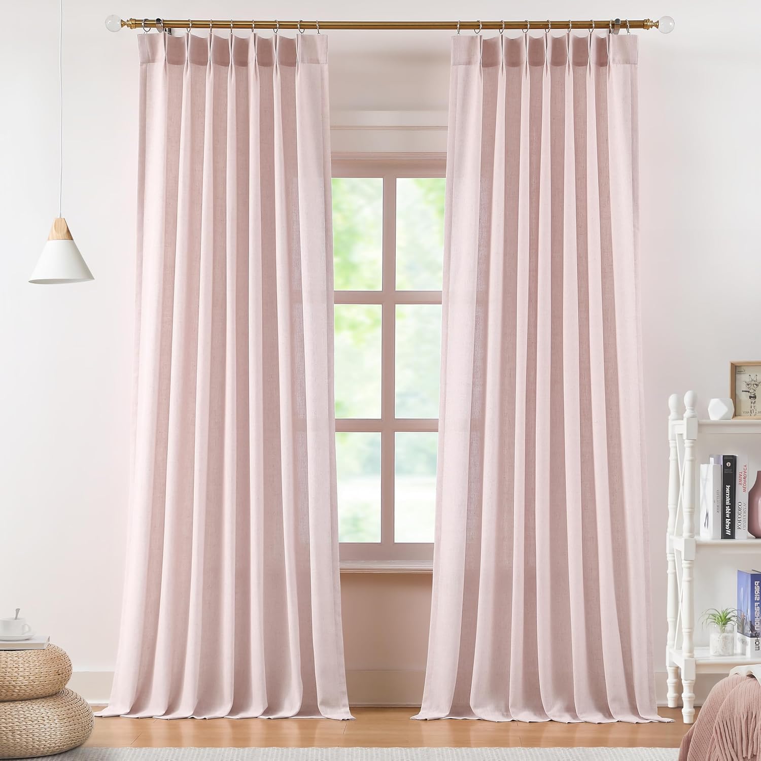 Vision Home Natural Pinch Pleated Semi Sheer Curtains Textured Linen Blended Light Filtering Window Curtains 90 inch for Living Room Bedroom Pinch Pleat Drapes with Hooks 2 Panels 42" Wx90 L