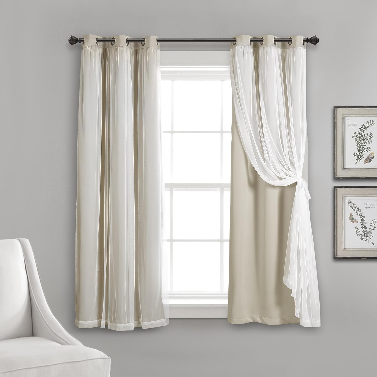 Lush Decor Sheer Grommet Curtains With Insulated Blackout Lining, Window Curtain Panels, Pair, 38"W x 120"L, Wheat - Curtain With Sheer Overlay, Elegant Blackout Curtains for Bedroom