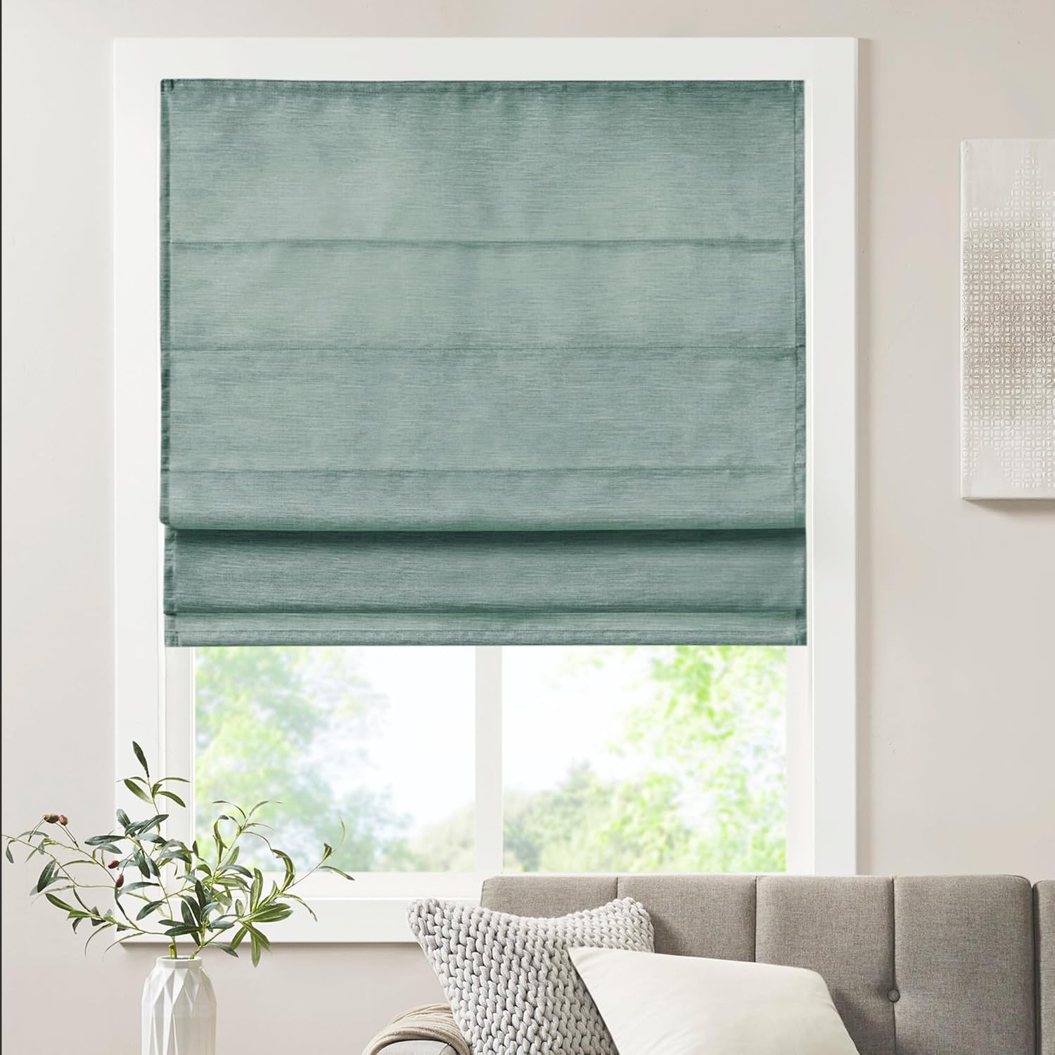 Madison Park Kyler Cordless Roman Shades - Single Panel, Lightweight Linen Blend Fabric, Natural Design, Easy Installation, Light Filtering Window Blind, Bedroom, Living Room Decor 27"W x 64"H Natural