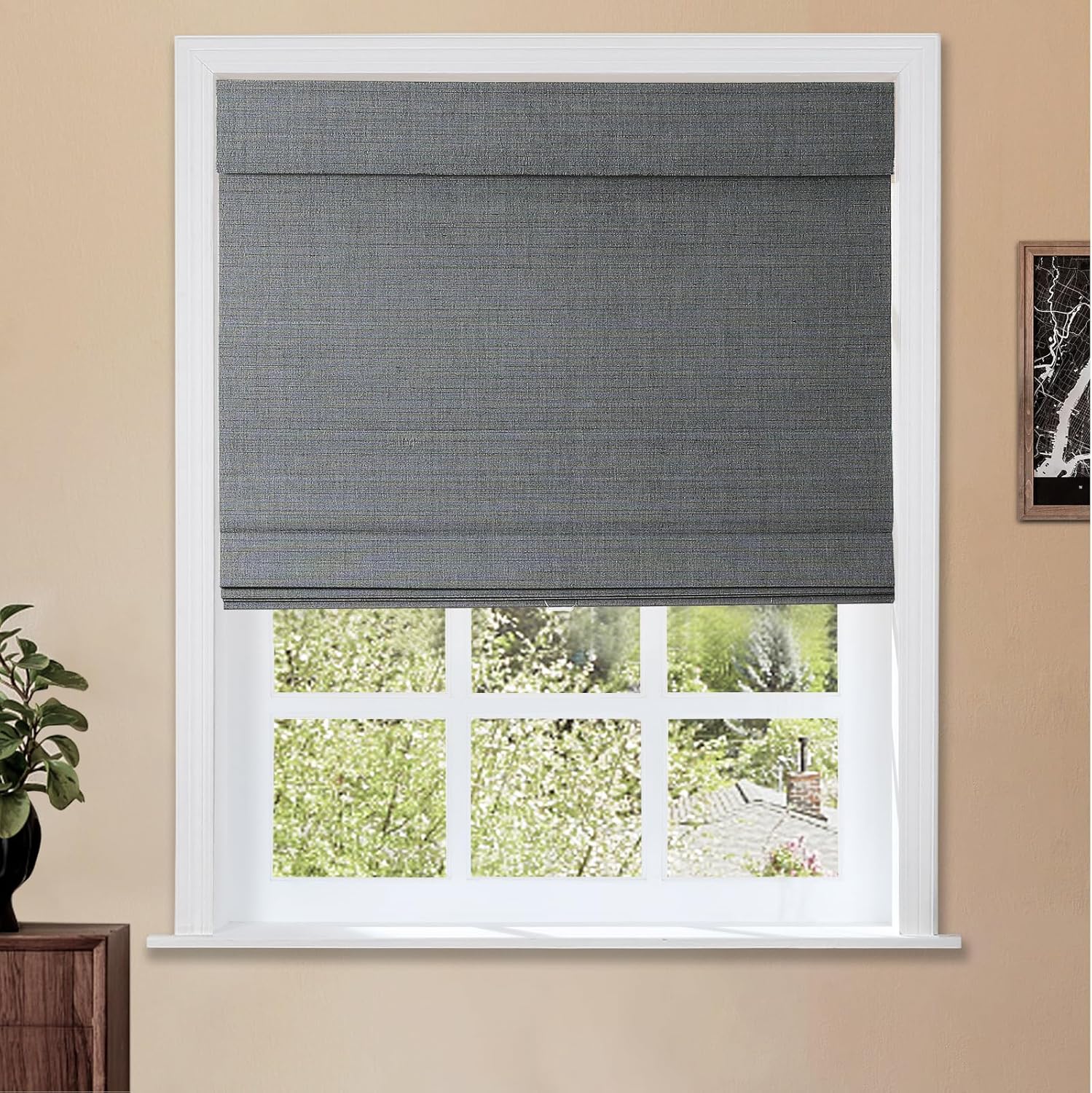 TWOPAGES Natural Cordless Ramie Roman Shade No Drill Customized Roman Blind Light Filtering Blackout Roman Window Shade for Windows, Beige, 1 Piece