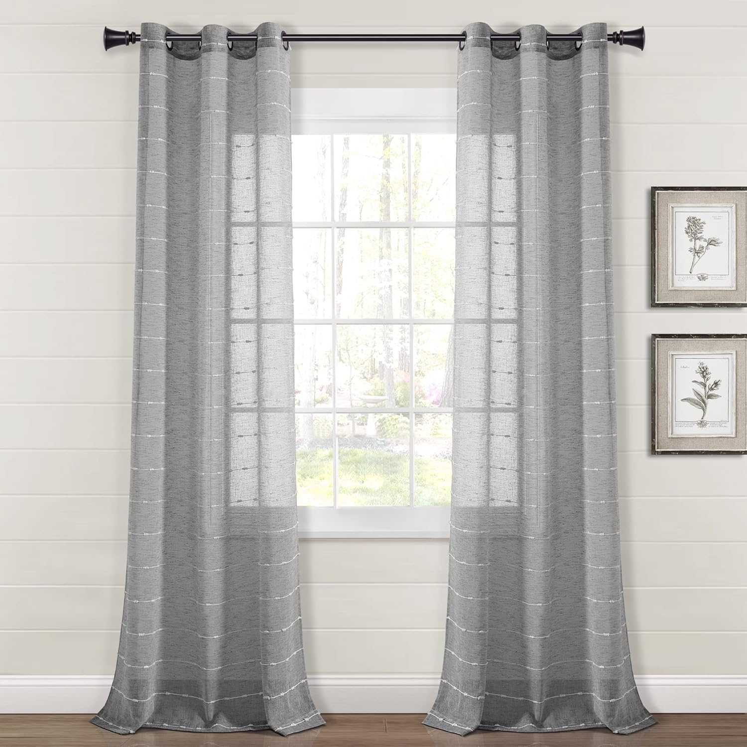 Lush Decor Farmhouse Textured Grommet Sheer Window Curtain Panel Pair, 38"W x 95"L, Beige