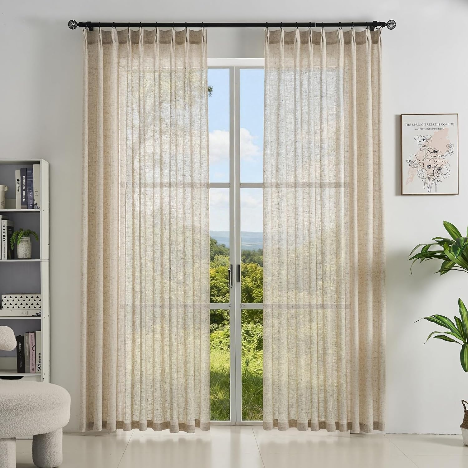 Ftinala Neutral Linen Semi Sheer Curtains 108 Inches Long, Cream Light Filtering Sliding Glass Door Curtains & Drapes, Modern Farmhouse Window Panel, Pinch Pleat Floor to Ceiling Curtain with Hook