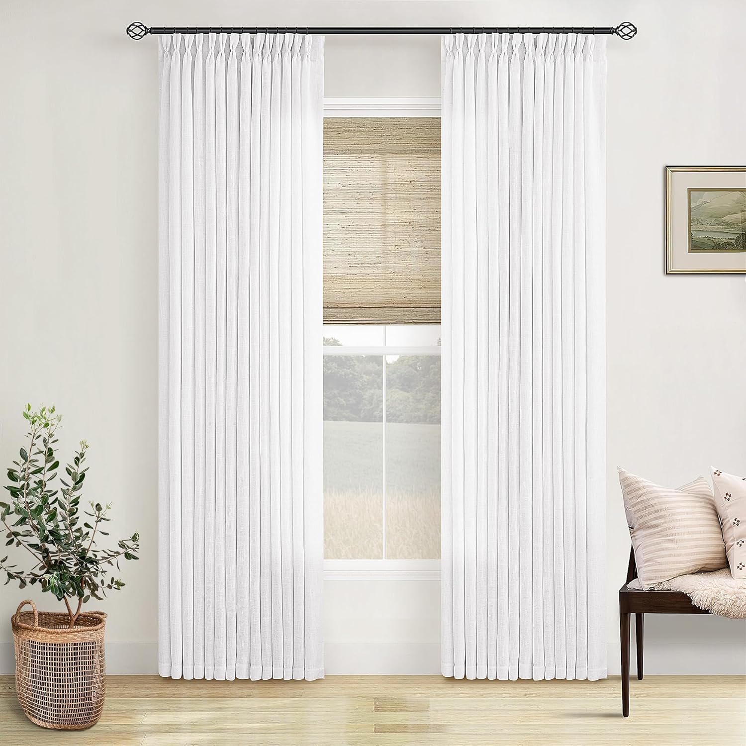 Natural Pinch Pleated Linen Curtains 84 Inch Length 2 Panels for Living Room Bedroom Textured Cream Ivory Birch Semi Sheer Boho Neutral Back Tab Pinch Pleat Hooks Rings Window Curtain 84 Inches Long