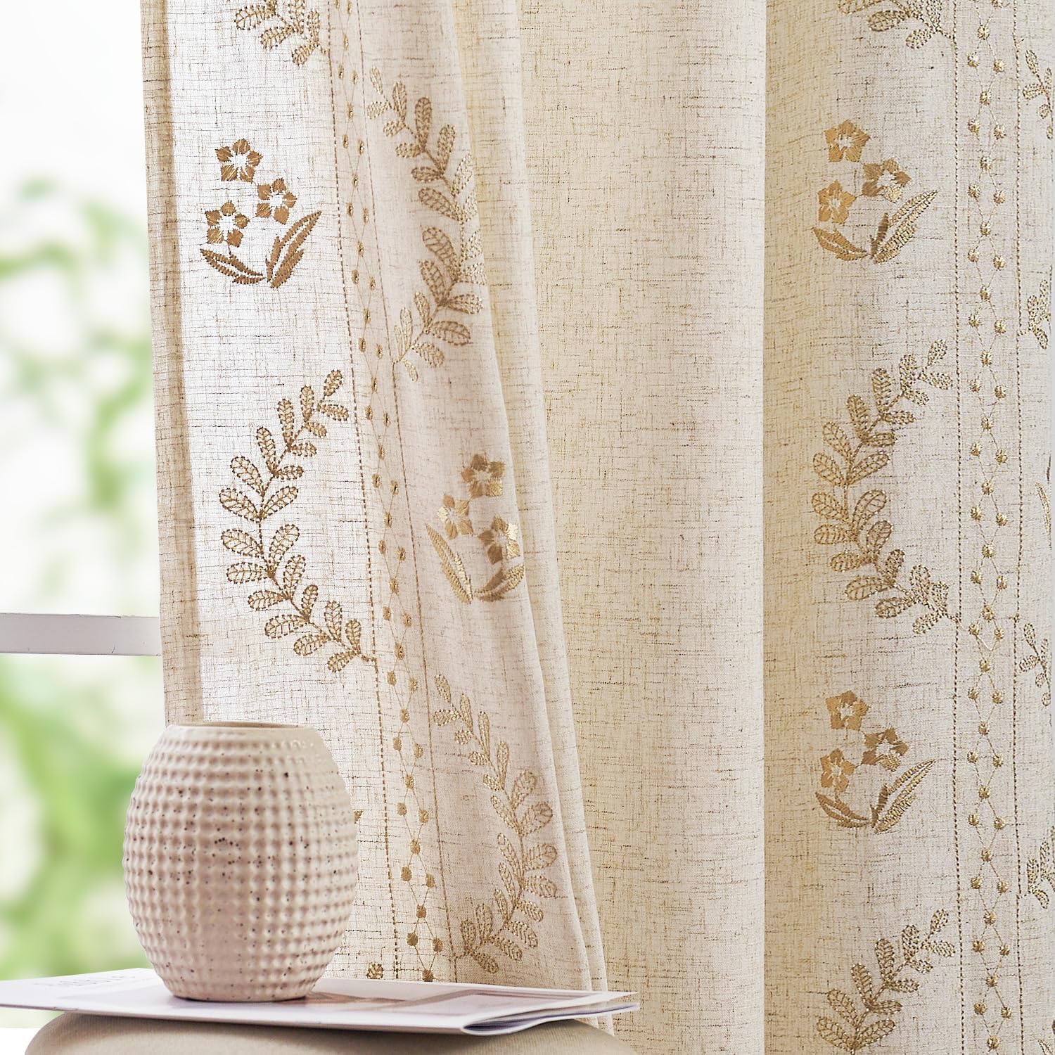 jinchan Belrose Linen Sheer Curtains for Living Room 84 Inch Length Sheer Voile Embroidered Floral Curtains for Bedroom Light Filtering Rod Pocket Window Treatments Farmhouse Decor 2 Panels Beige