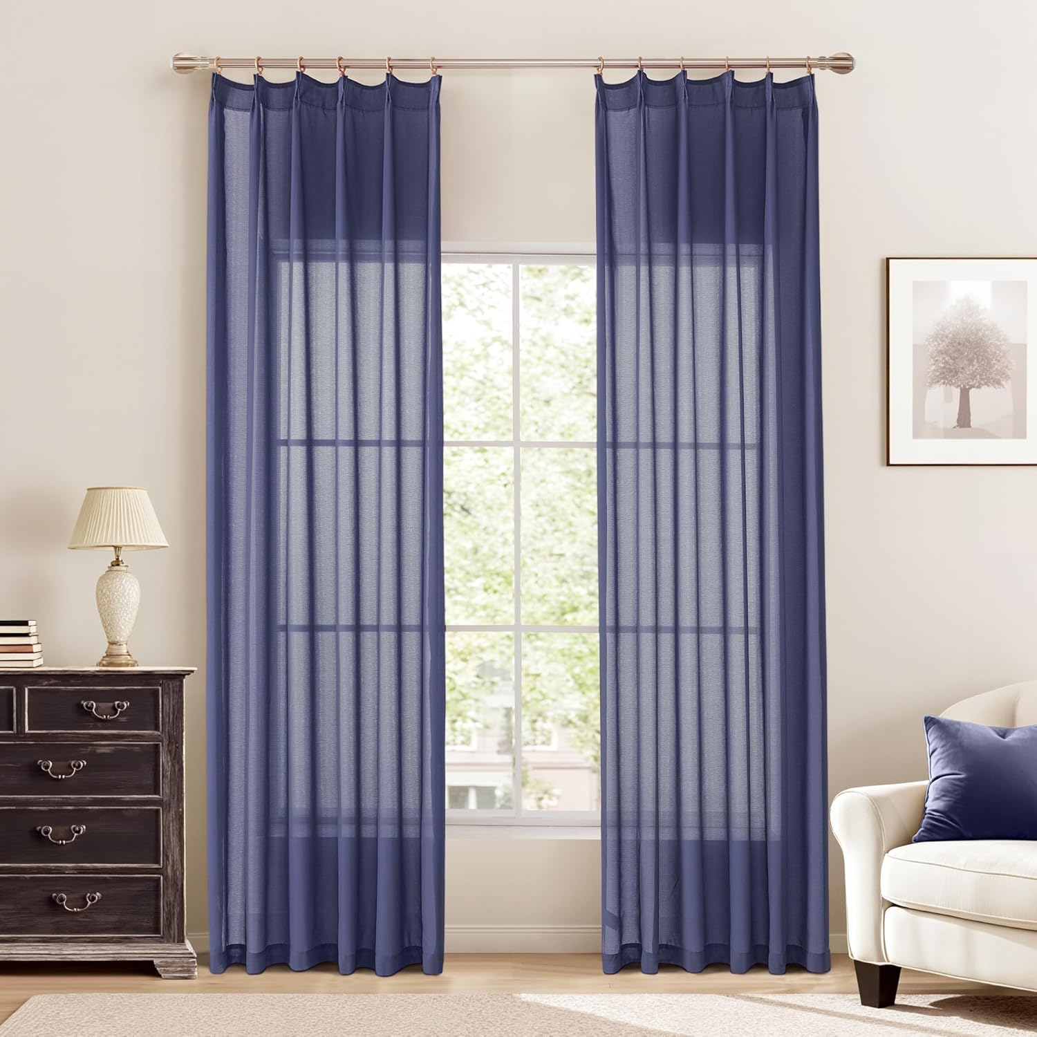 KangBang Pinch Pleat Sheer Curtains 112 Inches Long 2 Panels, Light Filtering Tree Branch Texture Soft Voile Drapes for Living Room Hotel Dorm, Gauzy and Breezy Window Panels, White,42x112 Inch