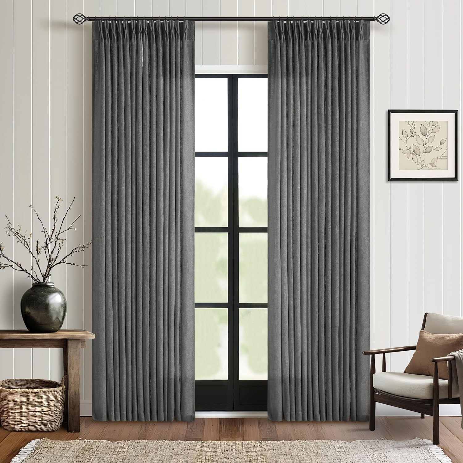 Natural Pinch Pleated Linen Curtains 84 Inch Length 2 Panels for Living Room Bedroom Textured Cream Ivory Birch Semi Sheer Boho Neutral Back Tab Pinch Pleat Hooks Rings Window Curtain 84 Inches Long