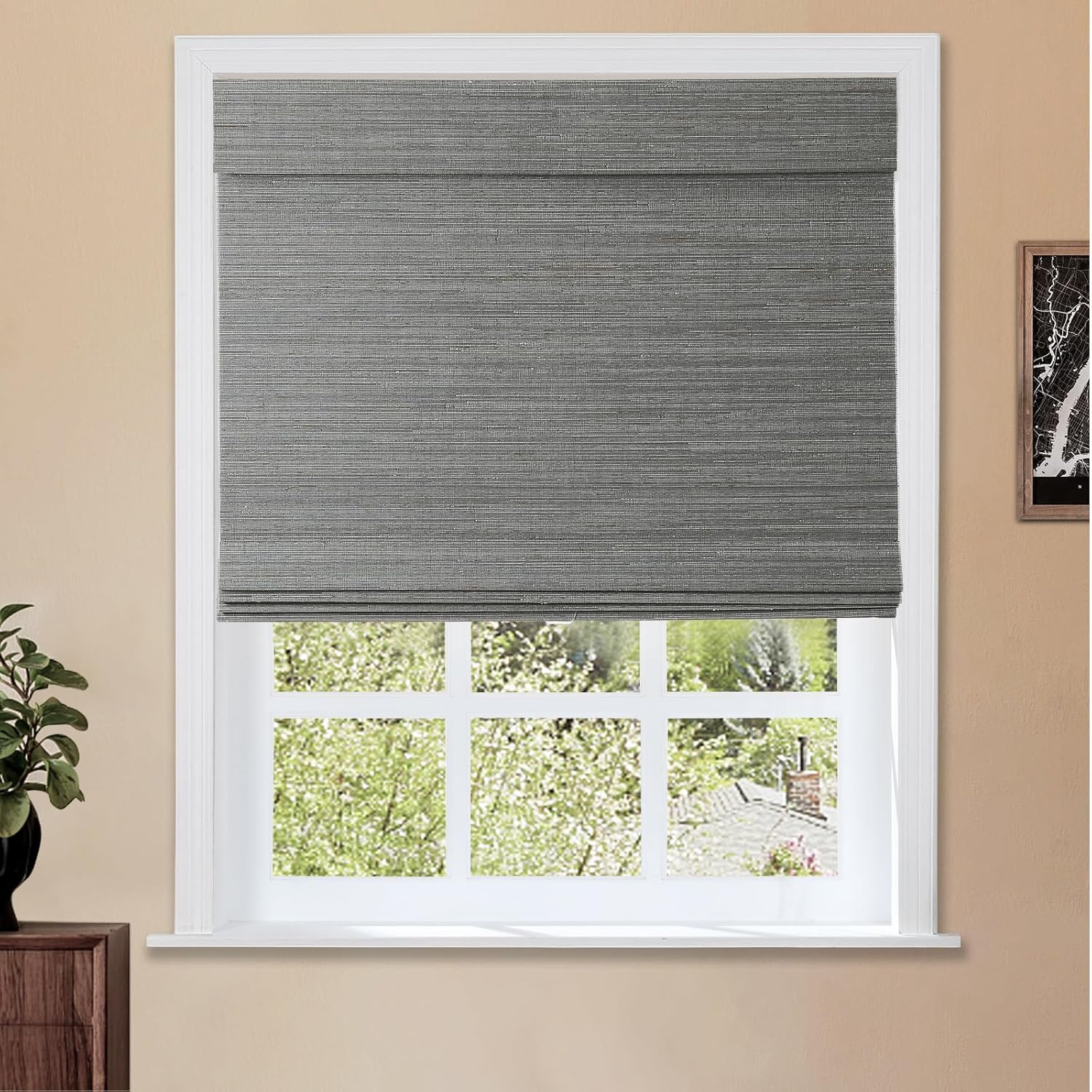 TWOPAGES Natural Cordless Ramie Roman Shade No Drill Customized Roman Blind Light Filtering Blackout Roman Window Shade for Windows, Beige, 1 Piece