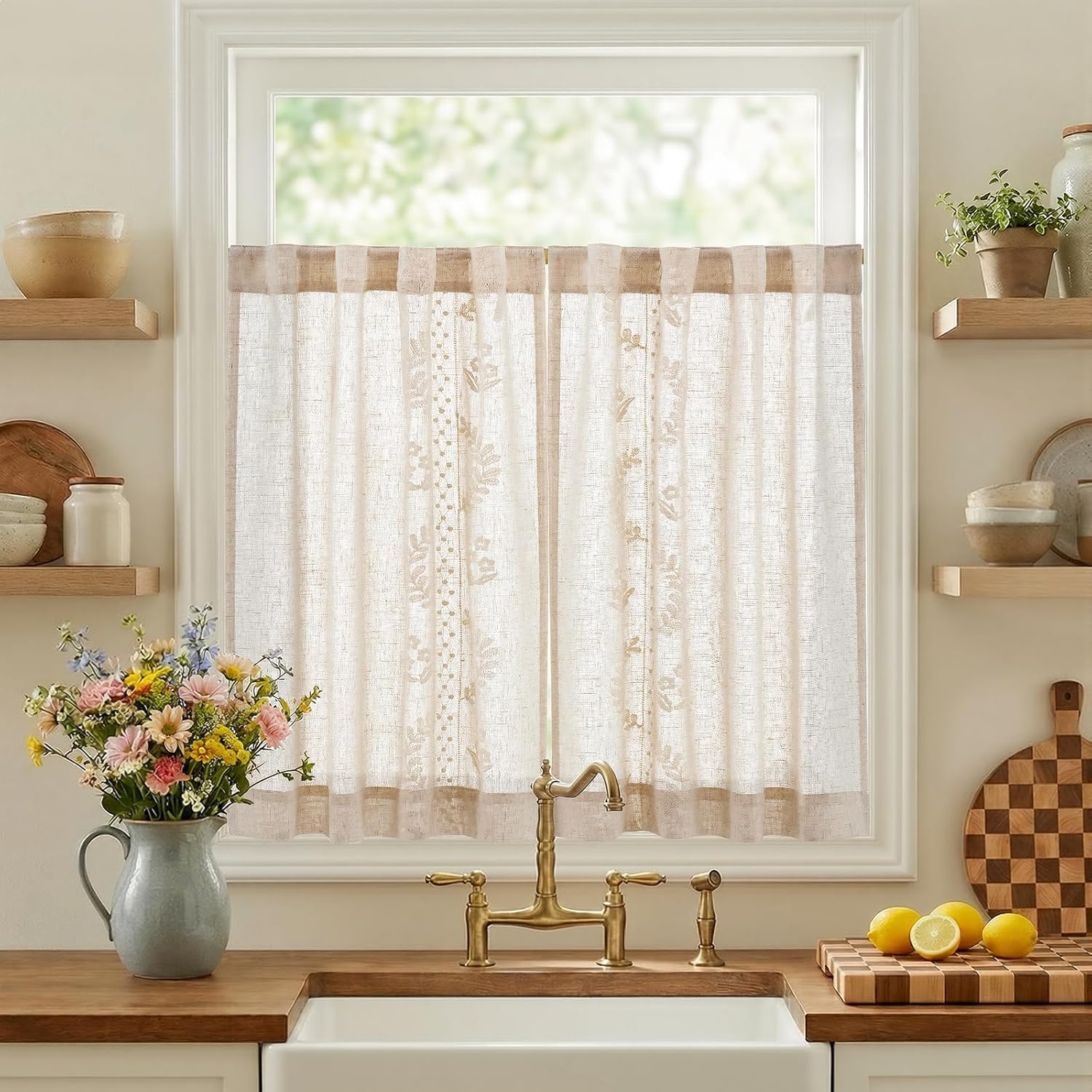 jinchan Belrose Linen Sheer Curtains for Living Room 84 Inch Length Sheer Voile Embroidered Floral Curtains for Bedroom Light Filtering Rod Pocket Window Treatments Farmhouse Decor 2 Panels Beige
