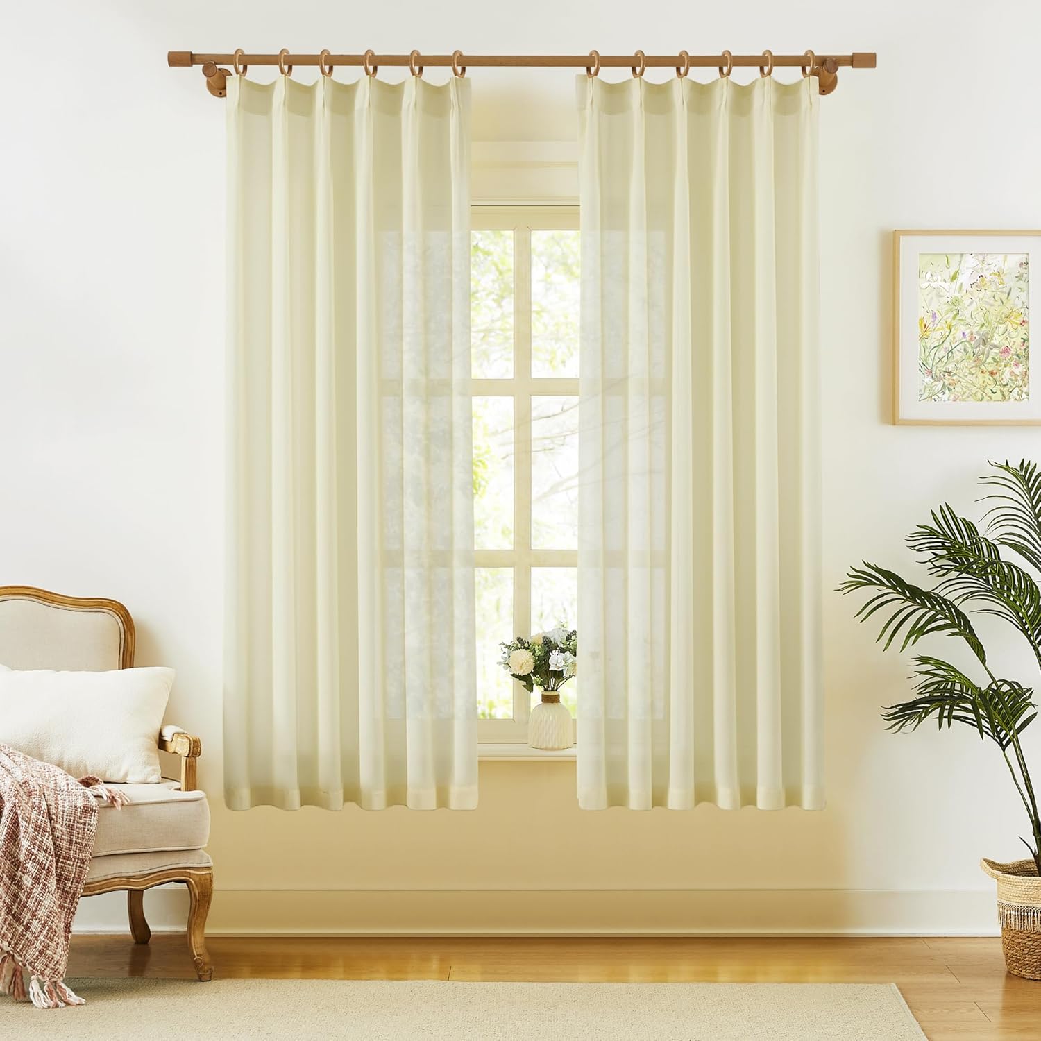 KangBang Pinch Pleat Sheer Curtains 112 Inches Long 2 Panels, Light Filtering Tree Branch Texture Soft Voile Drapes for Living Room Hotel Dorm, Gauzy and Breezy Window Panels, White,42x112 Inch