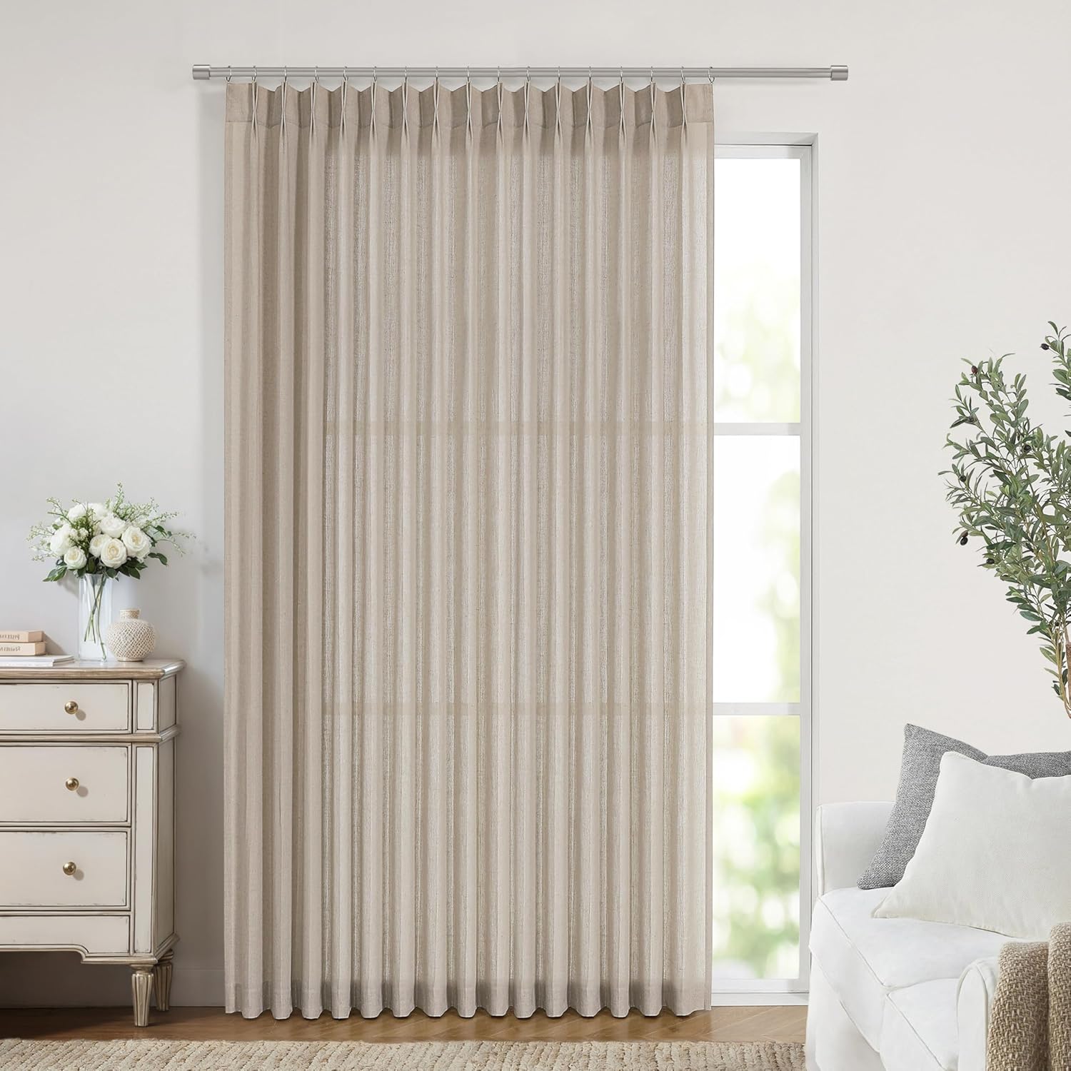 Vision Home Natural Pinch Pleated Semi Sheer Curtains Textured Linen Blended Light Filtering Window Curtains 90 inch for Living Room Bedroom Pinch Pleat Drapes with Hooks 2 Panels 42" Wx90 L