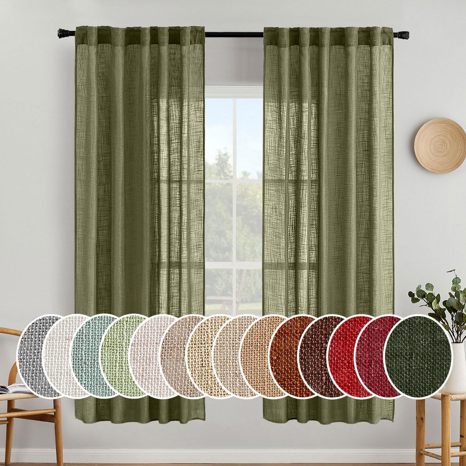 MIULEE Beige Linen Curtains 96 Inches Long 2 Panels for Bedroom Living Room, Soft Linen Textured Window Drapes Semi Sheer Light Filtering Back Tab Rod Pocket Farmhouse Modern Burlap Look Decor