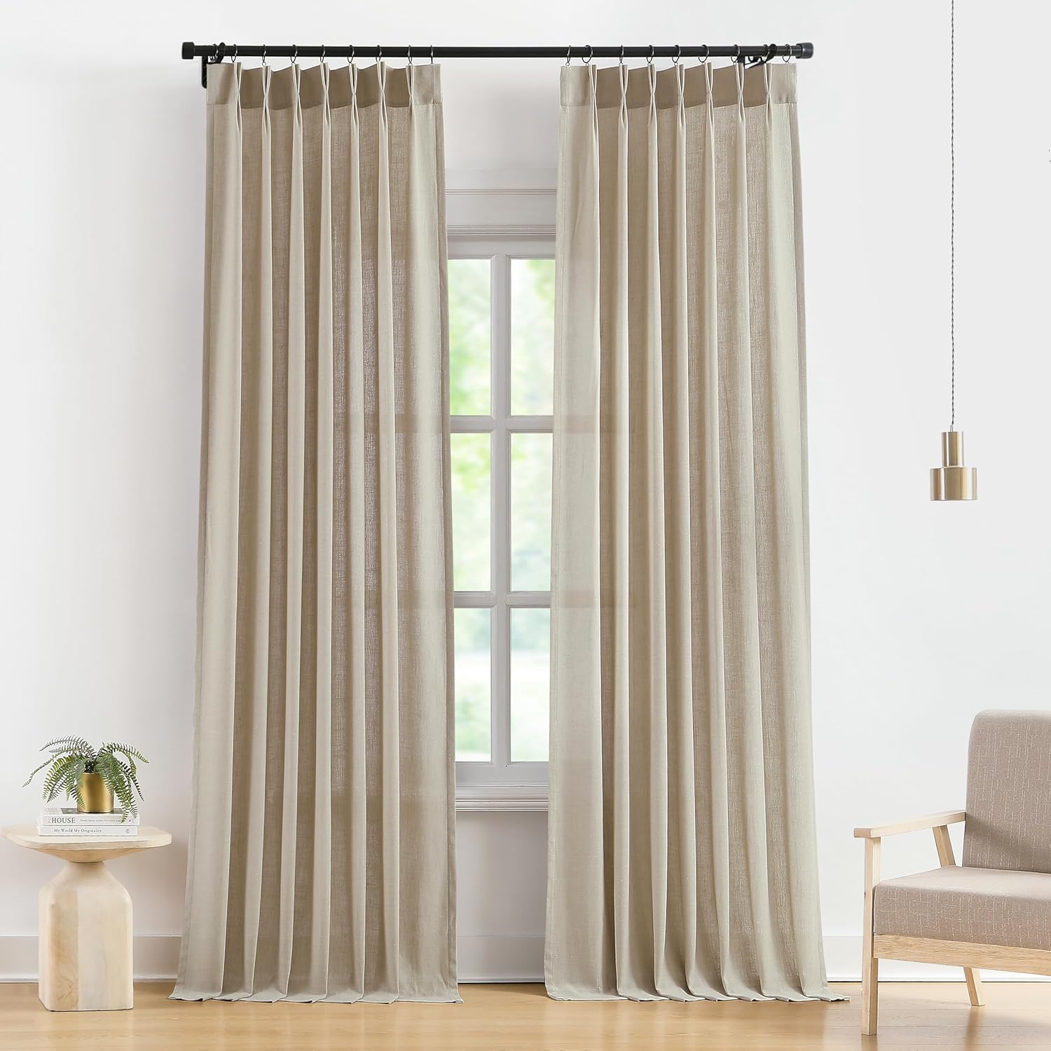 Vision Home Natural Pinch Pleated Semi Sheer Curtains Textured Linen Blended Light Filtering Window Curtains 90 inch for Living Room Bedroom Pinch Pleat Drapes with Hooks 2 Panels 42" Wx90 L