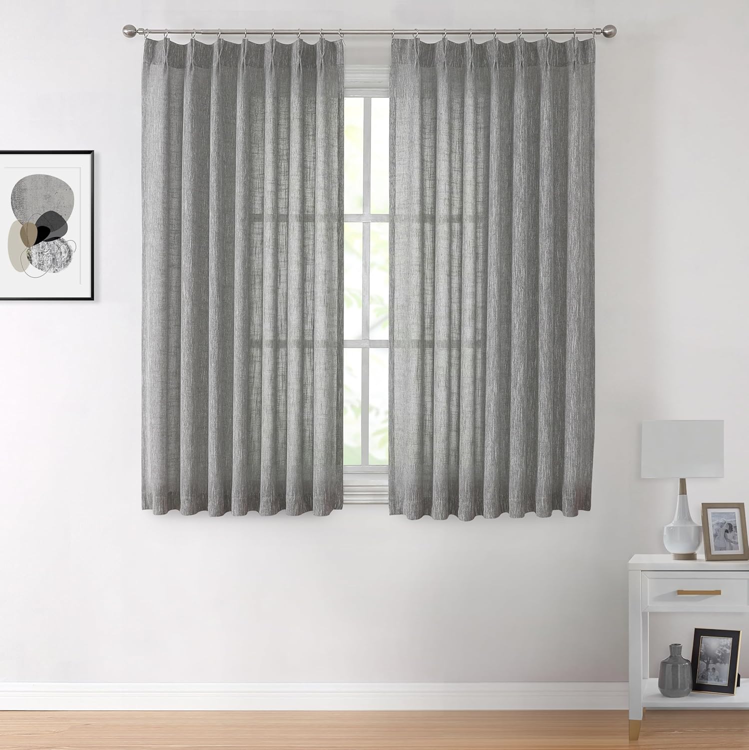 Vision Home Natural Pinch Pleated Semi Sheer Curtains Textured Linen Blended Light Filtering Window Curtains 90 inch for Living Room Bedroom Pinch Pleat Drapes with Hooks 2 Panels 42" Wx90 L