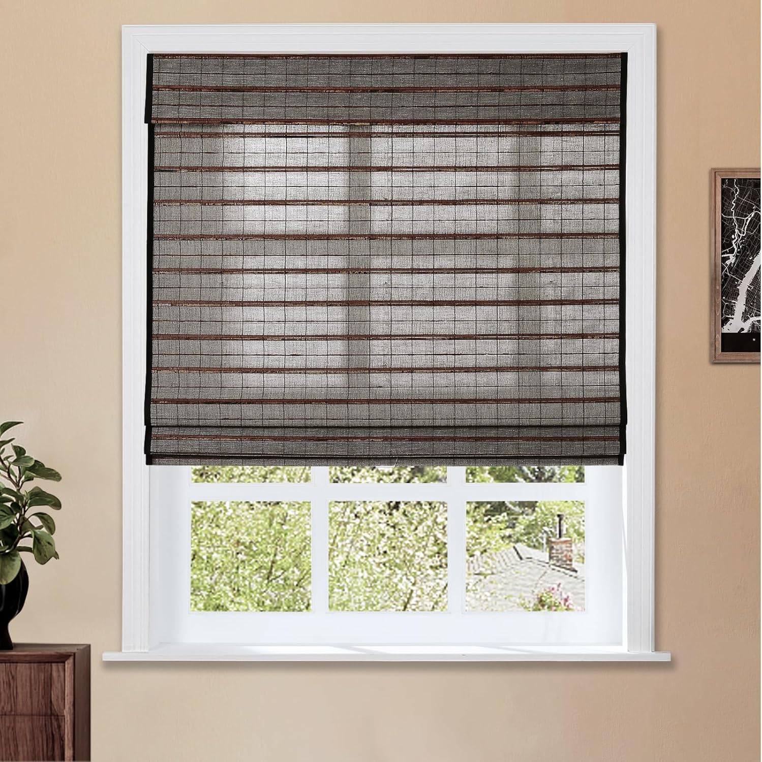 TWOPAGES Natural Cordless Ramie Roman Shade No Drill Customized Roman Blind Light Filtering Blackout Roman Window Shade for Windows, Beige, 1 Piece