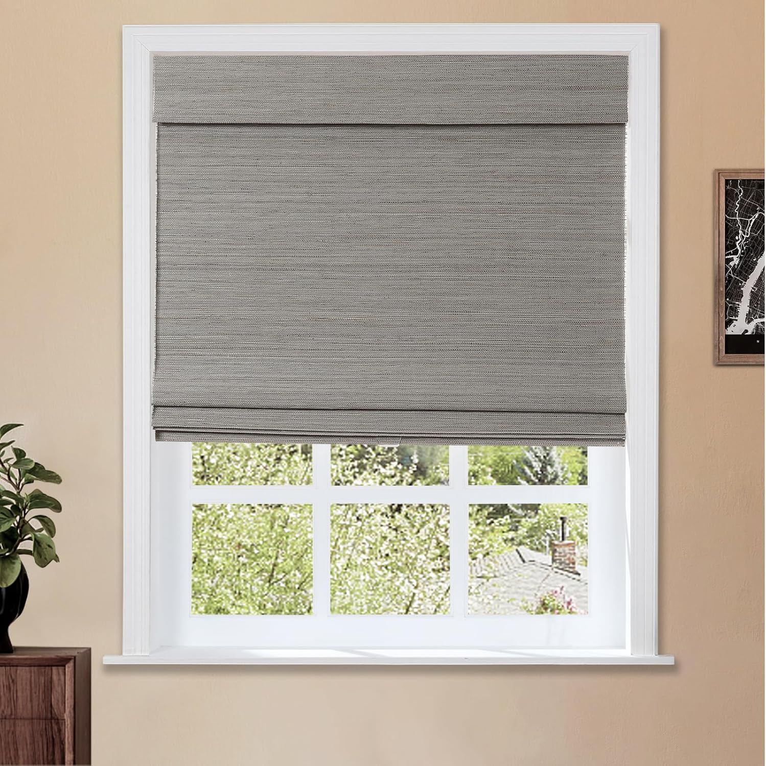 TWOPAGES Natural Cordless Ramie Roman Shade No Drill Customized Roman Blind Light Filtering Blackout Roman Window Shade for Windows, Beige, 1 Piece