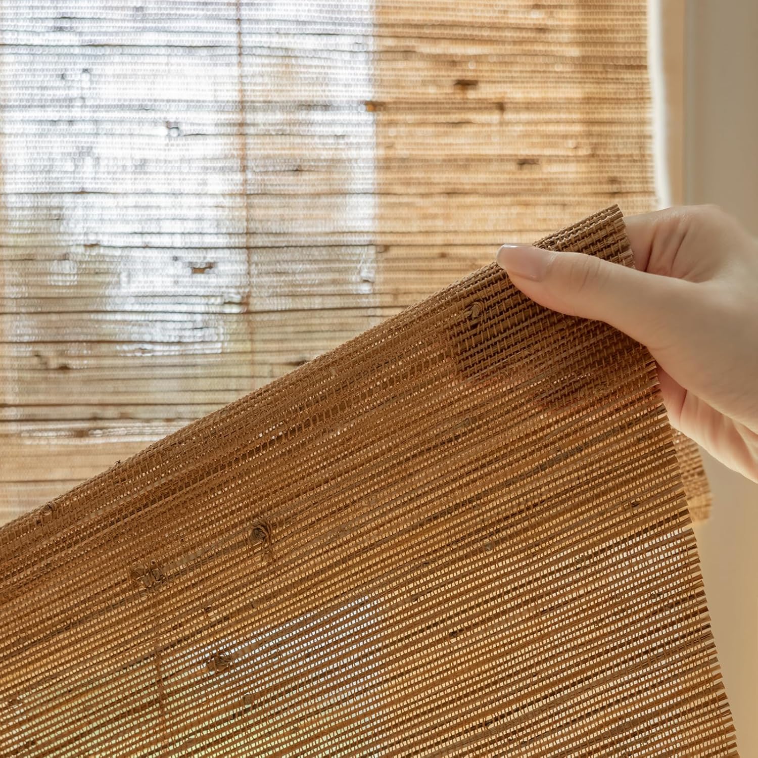 DEJAVU Cordless Bamboo Roman Shades, Blackout Light Filtering Blinds for Indoor Windows, Natural Woven Shades With Valance for Patio, Doors, Easy to Install, Pecan Color