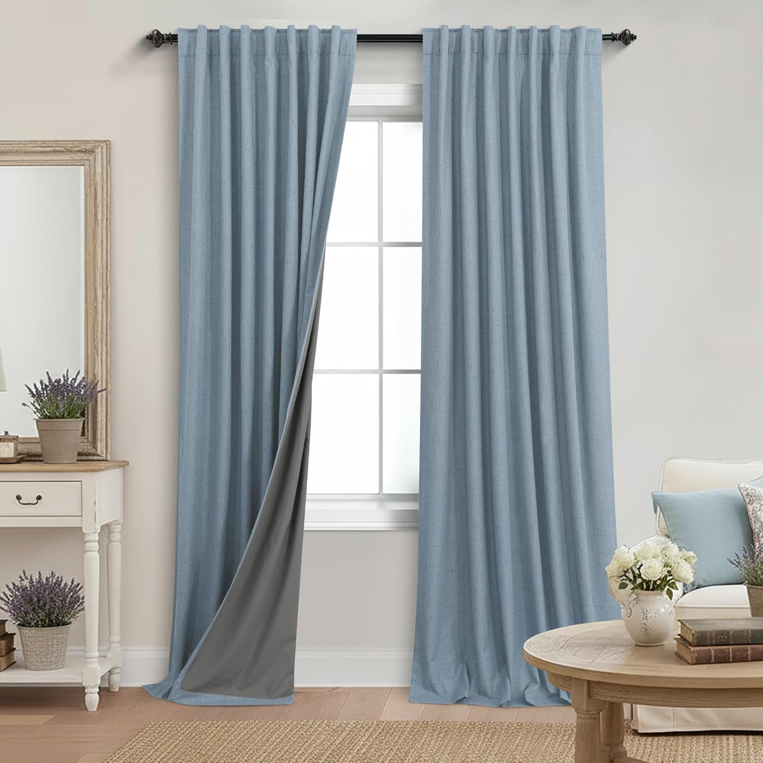 Extra Wide Soundproof Blackout Curtains with Pleated Back Tab Rod Pocket,96 Inch Long 2 Panel Set Thermal Curtain for Winter Insulated to Keep Cold Out Noise Reducing Curtains for Living Room Bedroom