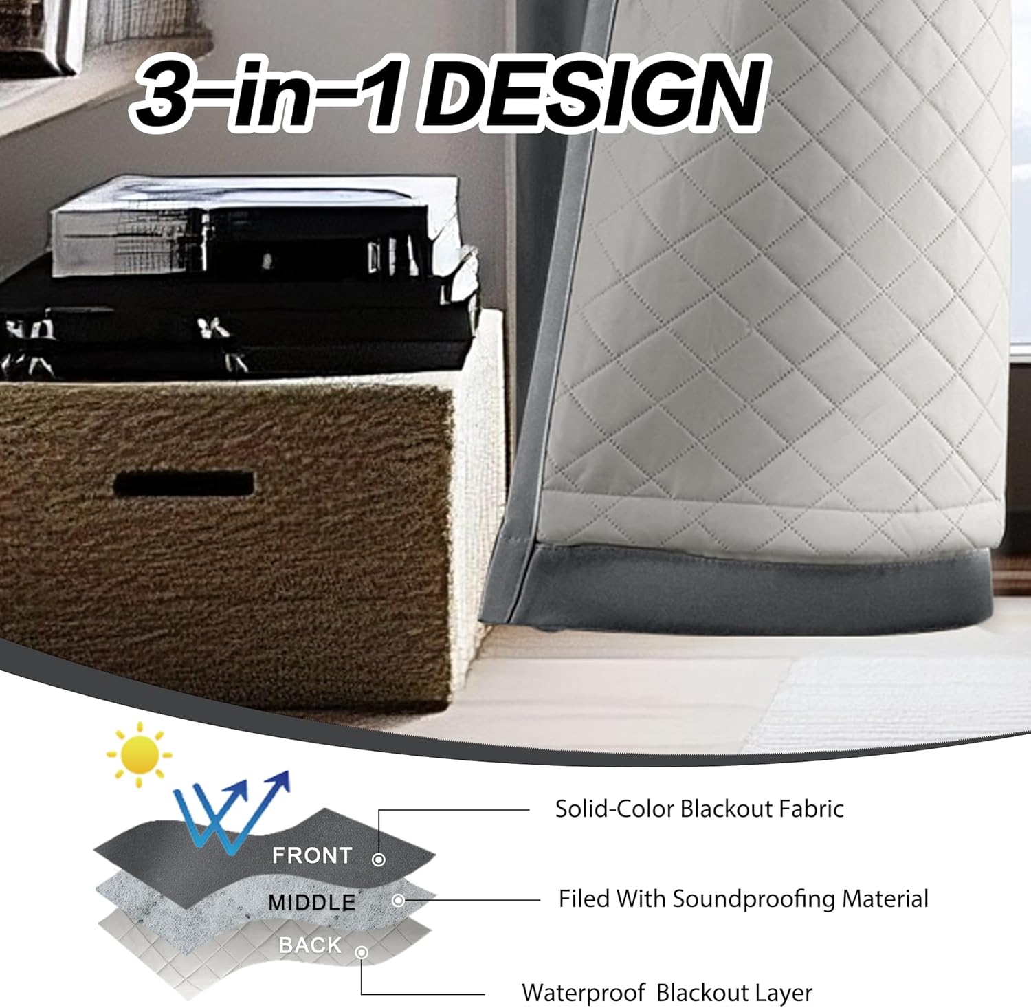 OYRING Noise Canceling Curtains Soundproof 3-in-1 Grommet Full Blackout Curtains for Bedroom Living Room 1 Panel（Grey,50x96 Inches）