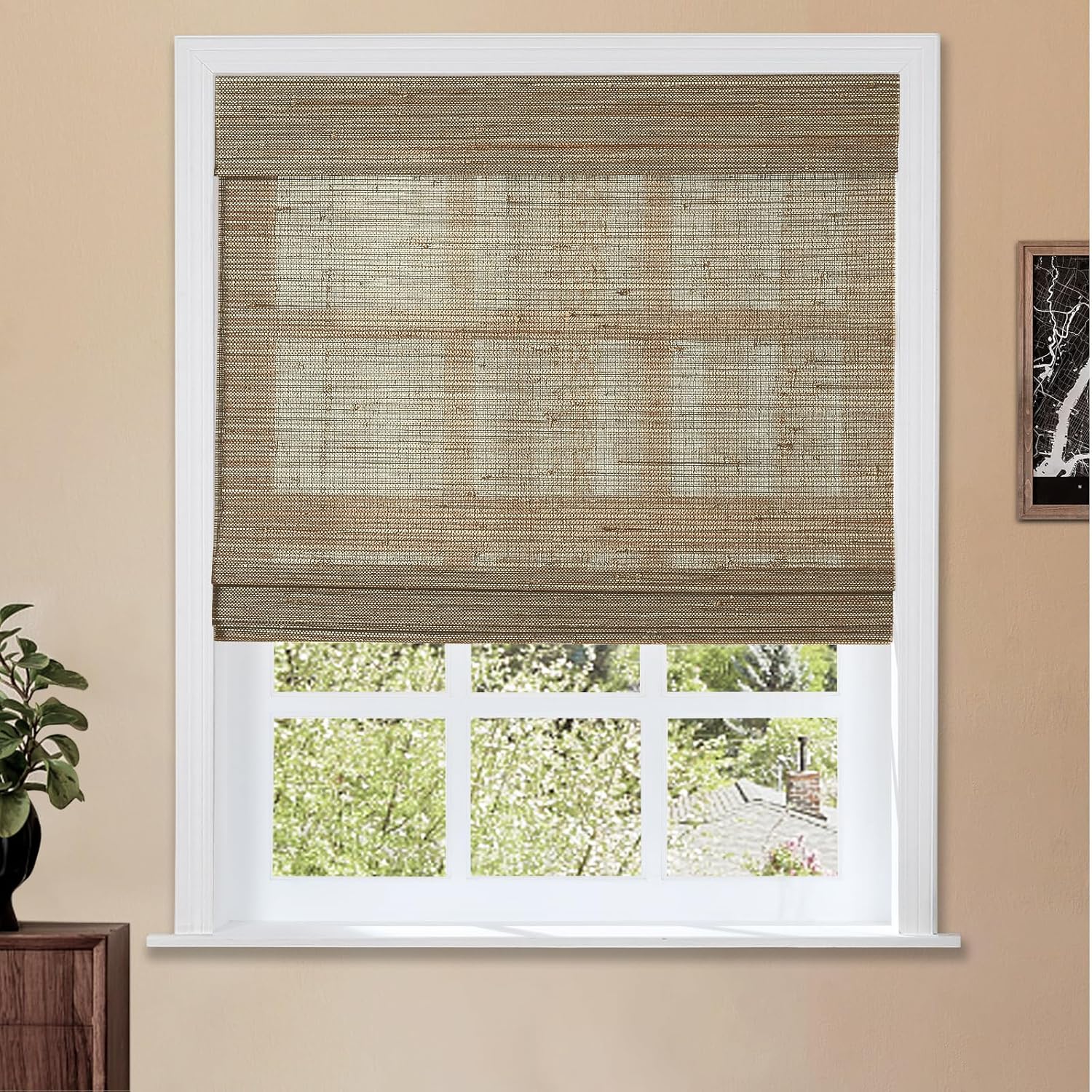 TWOPAGES Natural Cordless Ramie Roman Shade No Drill Customized Roman Blind Light Filtering Blackout Roman Window Shade for Windows, Beige, 1 Piece