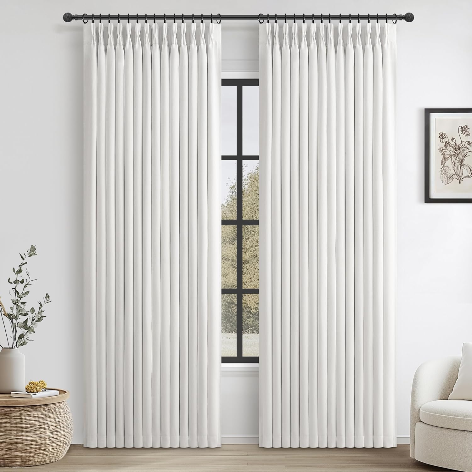 Beige White Blackout Floor to Ceiling Curtains 100 Inch Long for Sliding Door, Memory Trained Pinch Pleated Custom Double Layer Thick Linen Curtain Noise Reducing Light Blocking Bedroom Window Drapes