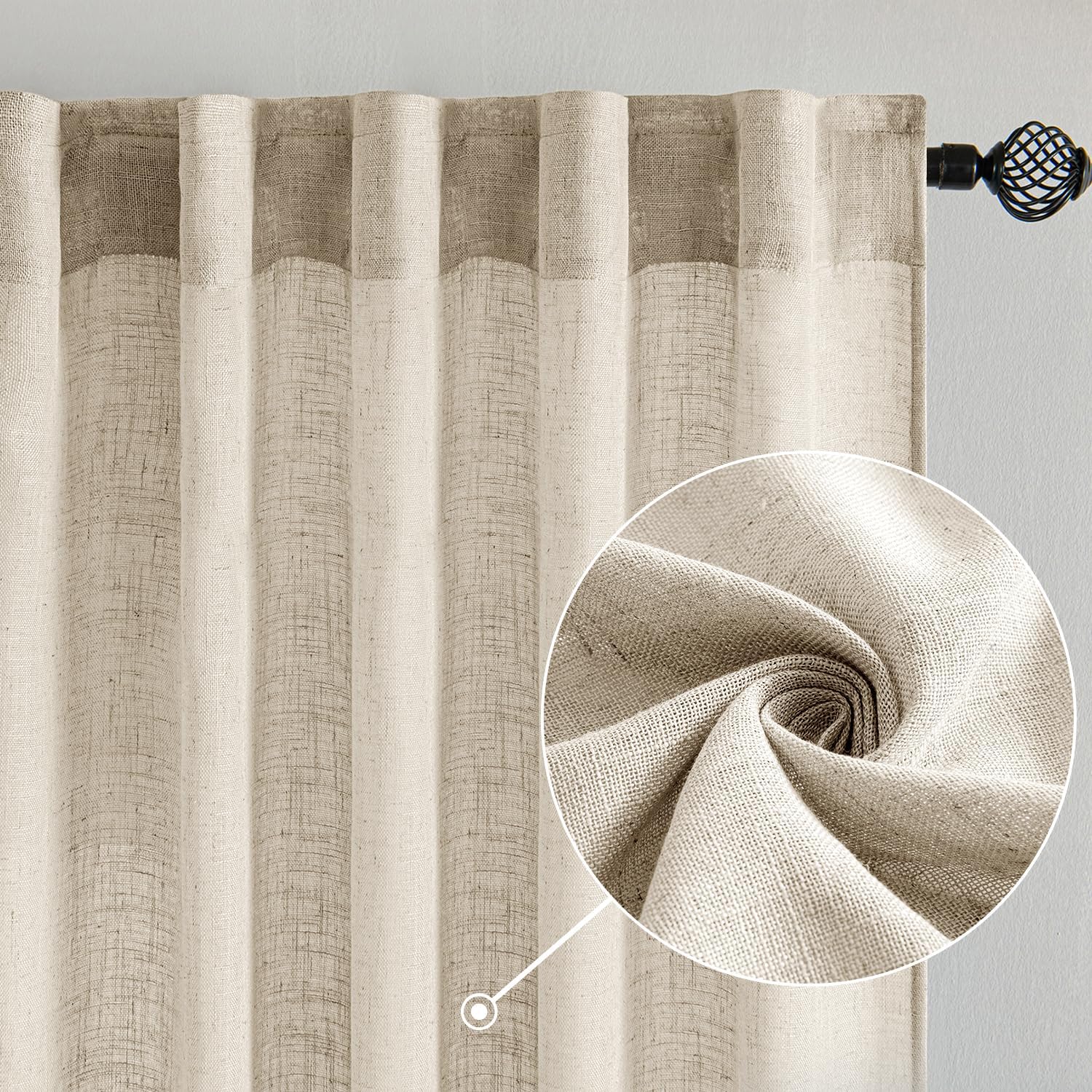 MIULEE Beige Linen Curtains 96 Inches Long 2 Panels for Bedroom Living Room, Soft Linen Textured Window Drapes Semi Sheer Light Filtering Back Tab Rod Pocket Farmhouse Modern Burlap Look Decor