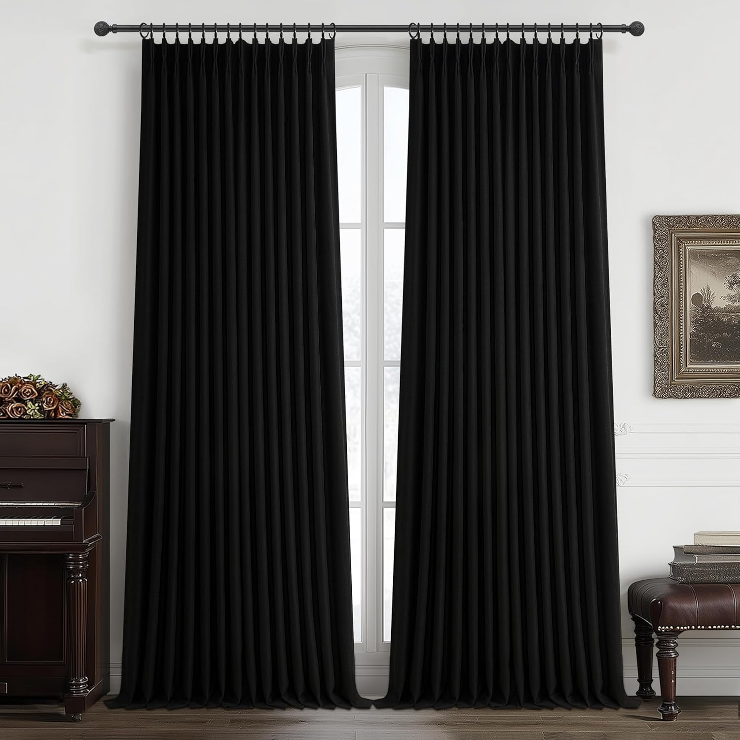 Beige White Blackout Floor to Ceiling Curtains 100 Inch Long for Sliding Door, Memory Trained Pinch Pleated Custom Double Layer Thick Linen Curtain Noise Reducing Light Blocking Bedroom Window Drapes