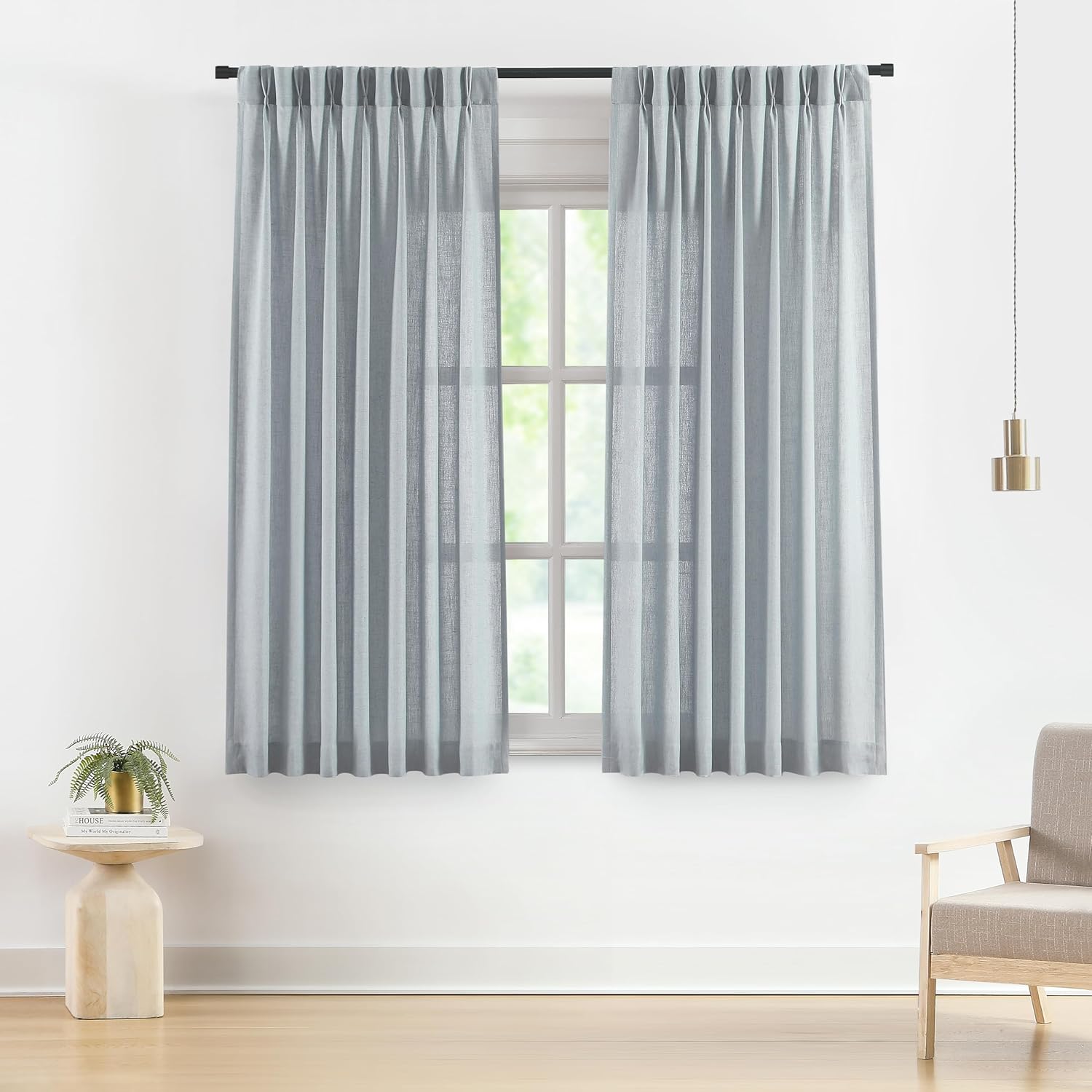Vision Home Natural Pinch Pleated Semi Sheer Curtains Textured Linen Blended Light Filtering Window Curtains 90 inch for Living Room Bedroom Pinch Pleat Drapes with Hooks 2 Panels 42" Wx90 L
