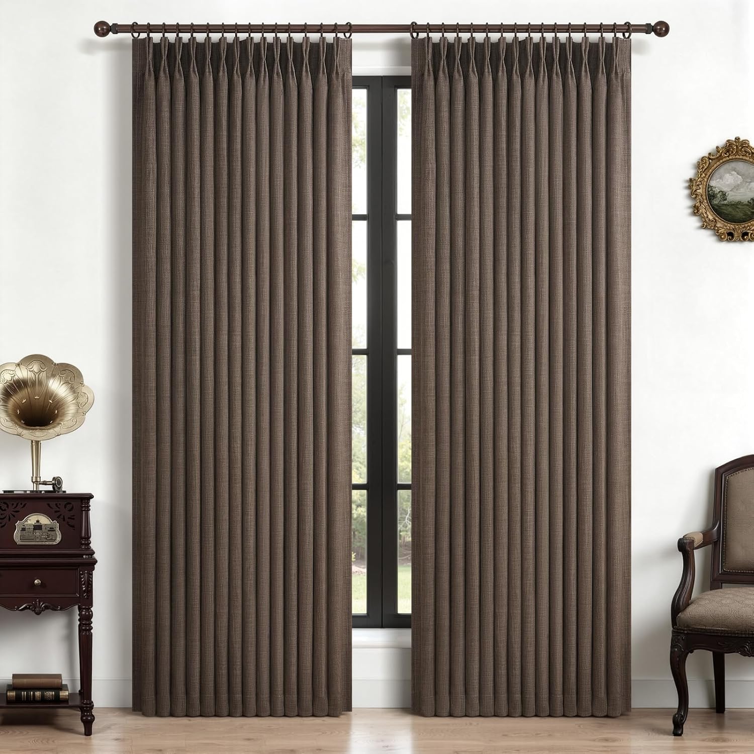 Beige White Blackout Floor to Ceiling Curtains 100 Inch Long for Sliding Door, Memory Trained Pinch Pleated Custom Double Layer Thick Linen Curtain Noise Reducing Light Blocking Bedroom Window Drapes