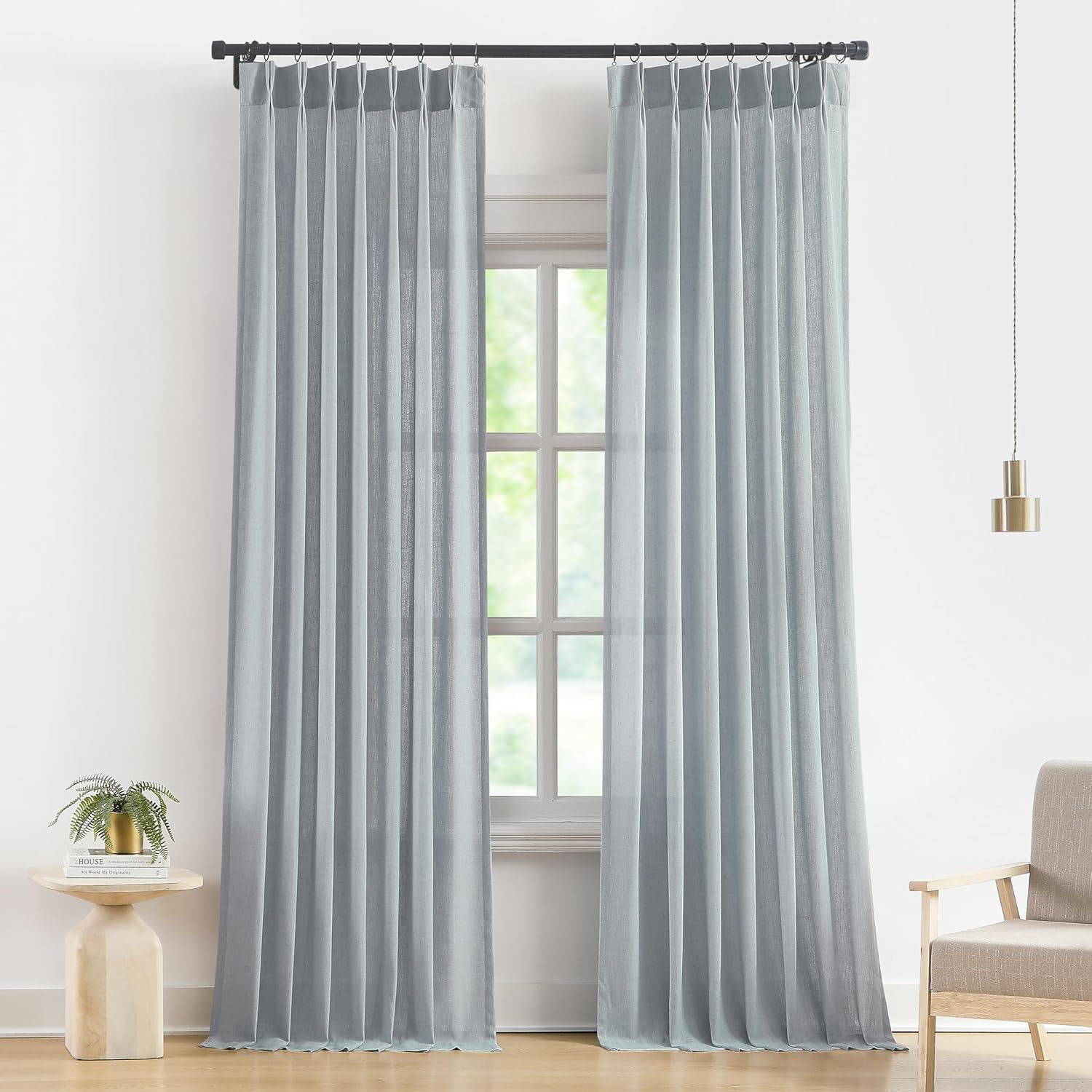 Vision Home Natural Pinch Pleated Semi Sheer Curtains Textured Linen Blended Light Filtering Window Curtains 90 inch for Living Room Bedroom Pinch Pleat Drapes with Hooks 2 Panels 42" Wx90 L