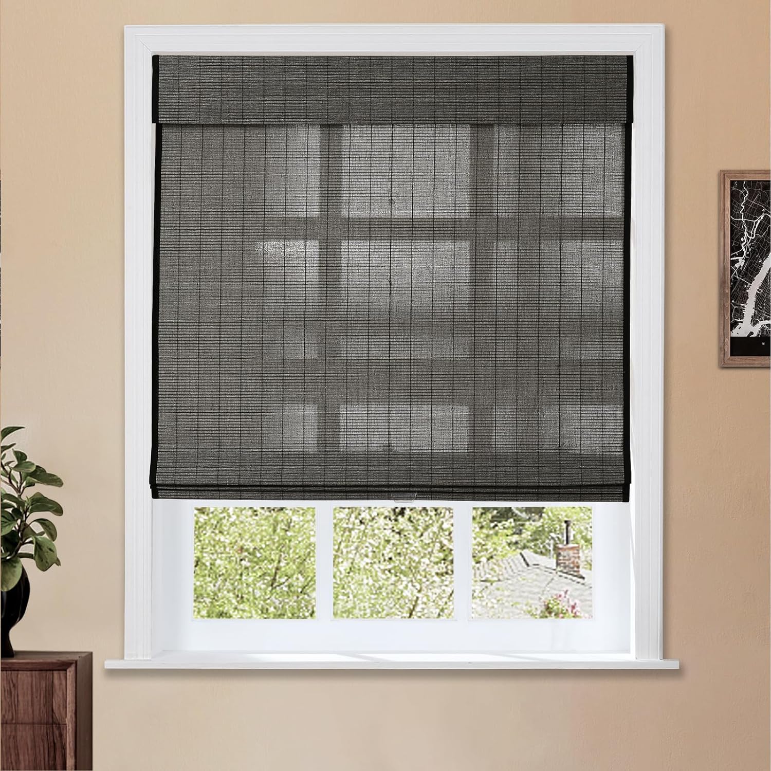 TWOPAGES Natural Cordless Ramie Roman Shade No Drill Customized Roman Blind Light Filtering Blackout Roman Window Shade for Windows, Beige, 1 Piece