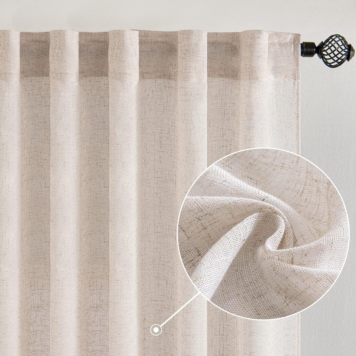 MIULEE Beige Linen Curtains 96 Inches Long 2 Panels for Bedroom Living Room, Soft Linen Textured Window Drapes Semi Sheer Light Filtering Back Tab Rod Pocket Farmhouse Modern Burlap Look Decor