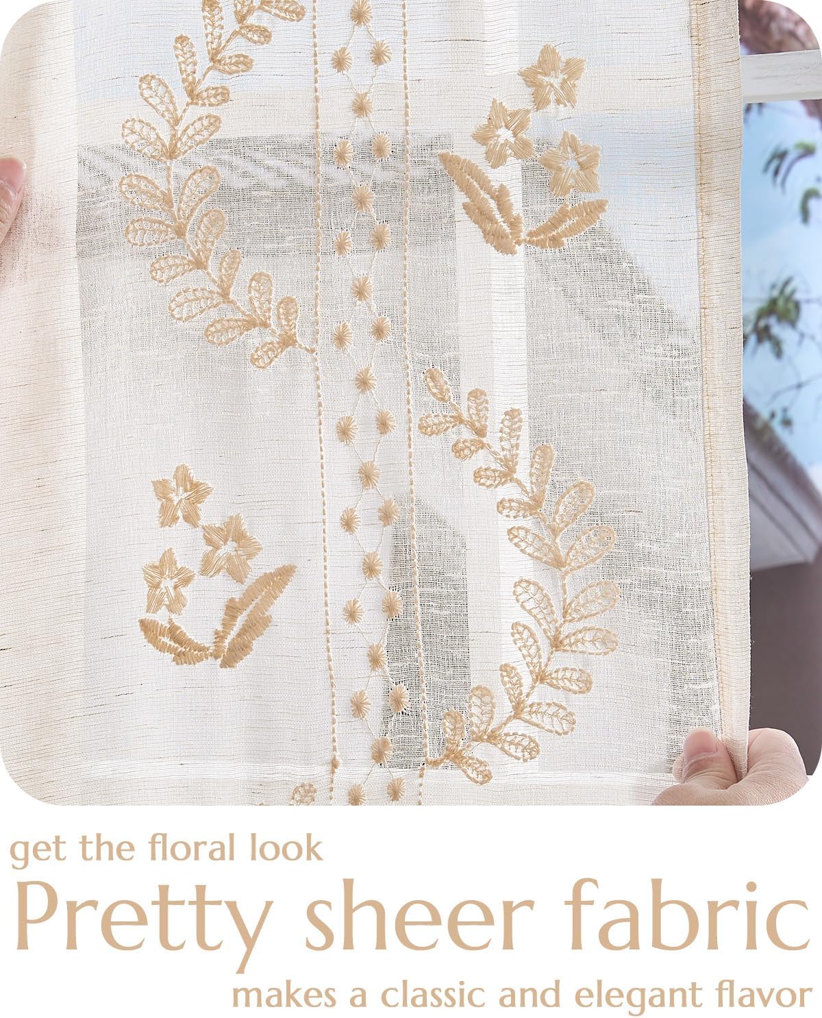 jinchan Belrose Linen Sheer Curtains for Living Room 84 Inch Length Sheer Voile Embroidered Floral Curtains for Bedroom Light Filtering Rod Pocket Window Treatments Farmhouse Decor 2 Panels Beige
