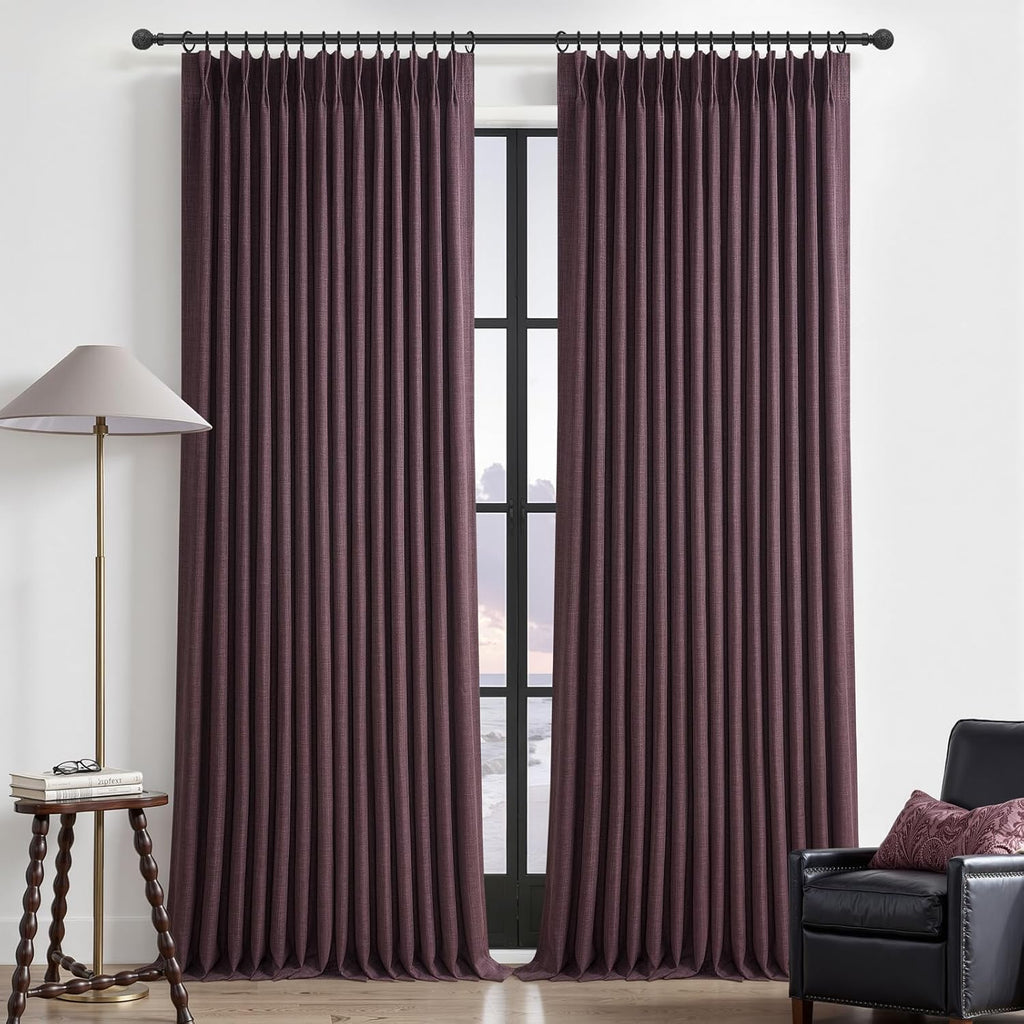 Beige White Blackout Floor to Ceiling Curtains 100 Inch Long for Sliding Door, Memory Trained Pinch Pleated Custom Double Layer Thick Linen Curtain Noise Reducing Light Blocking Bedroom Window Drapes