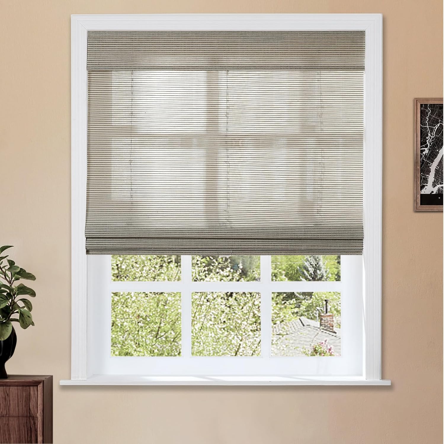 TWOPAGES Natural Cordless Ramie Roman Shade No Drill Customized Roman Blind Light Filtering Blackout Roman Window Shade for Windows, Beige, 1 Piece
