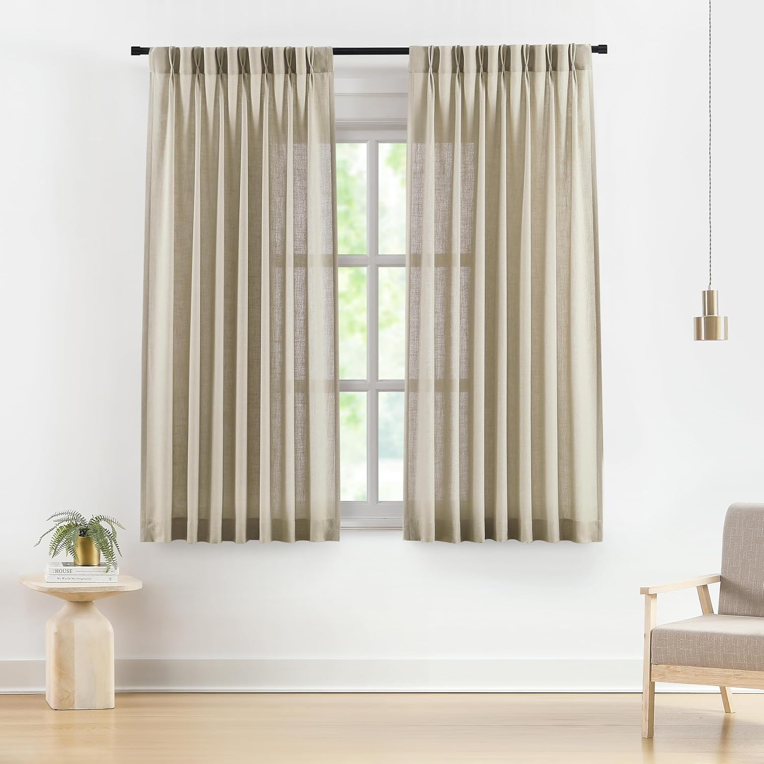 Vision Home Natural Pinch Pleated Semi Sheer Curtains Textured Linen Blended Light Filtering Window Curtains 90 inch for Living Room Bedroom Pinch Pleat Drapes with Hooks 2 Panels 42" Wx90 L