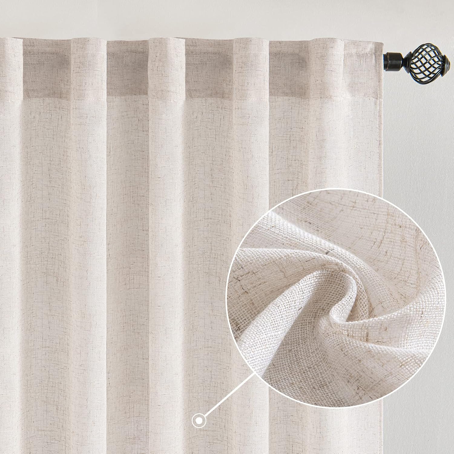 MIULEE Beige Linen Curtains 96 Inches Long 2 Panels for Bedroom Living Room, Soft Linen Textured Window Drapes Semi Sheer Light Filtering Back Tab Rod Pocket Farmhouse Modern Burlap Look Decor