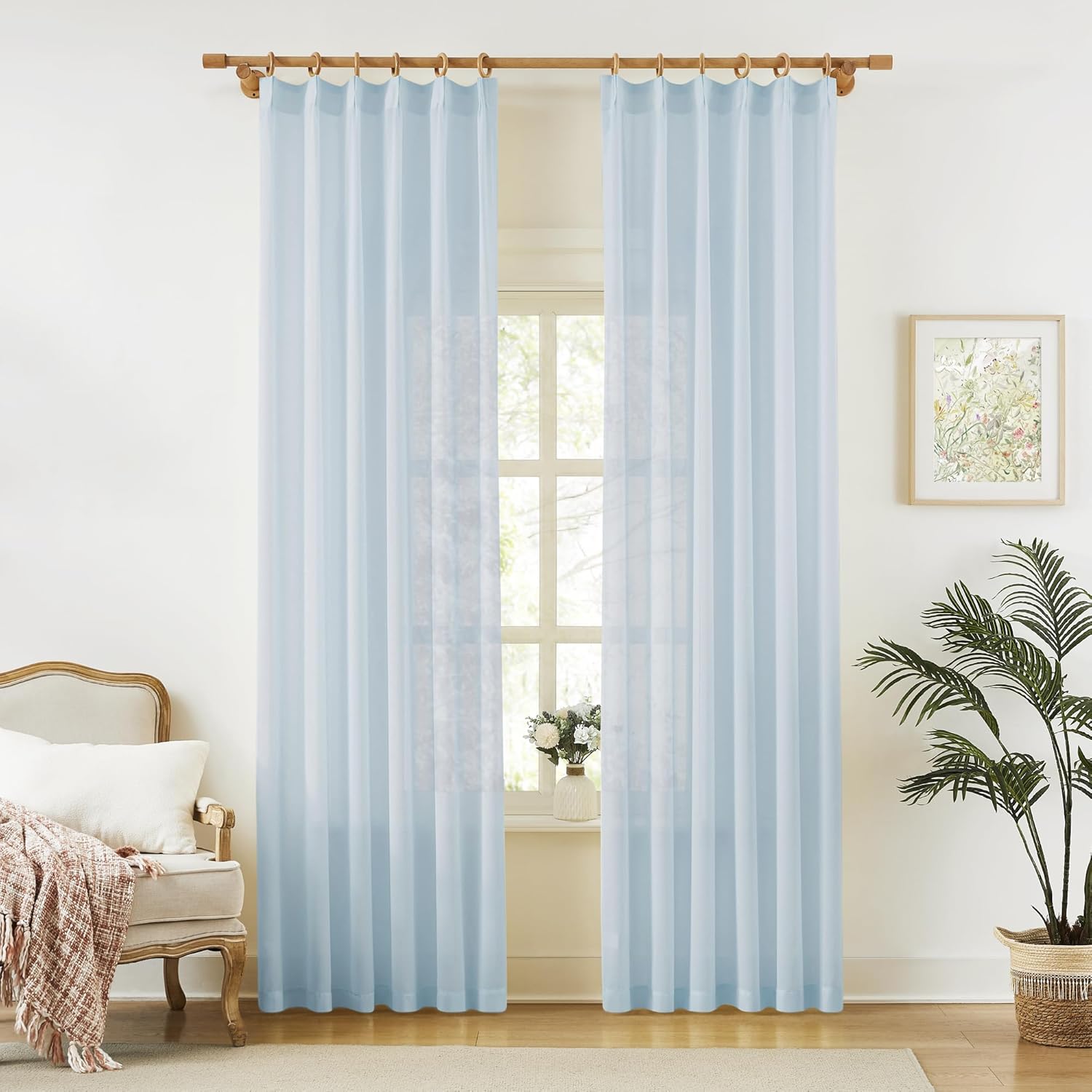 KangBang Pinch Pleat Sheer Curtains 112 Inches Long 2 Panels, Light Filtering Tree Branch Texture Soft Voile Drapes for Living Room Hotel Dorm, Gauzy and Breezy Window Panels, White,42x112 Inch