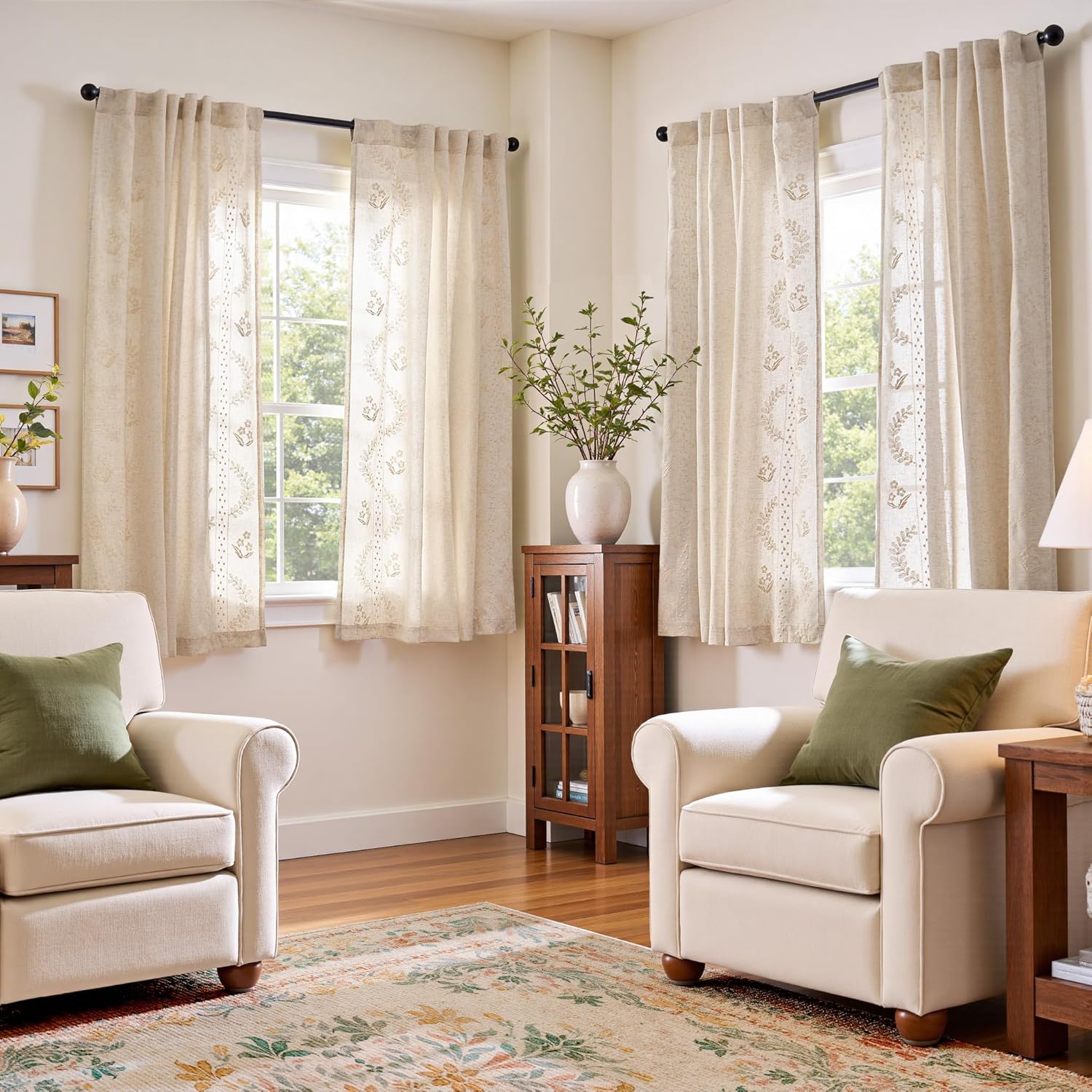 jinchan Belrose Linen Sheer Curtains for Living Room 84 Inch Length Sheer Voile Embroidered Floral Curtains for Bedroom Light Filtering Rod Pocket Window Treatments Farmhouse Decor 2 Panels Beige