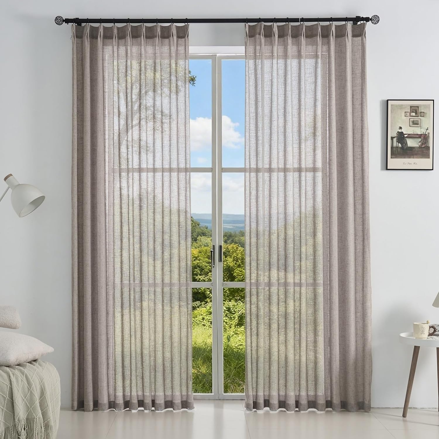 Ftinala Neutral Linen Semi Sheer Curtains 108 Inches Long, Cream Light Filtering Sliding Glass Door Curtains & Drapes, Modern Farmhouse Window Panel, Pinch Pleat Floor to Ceiling Curtain with Hook