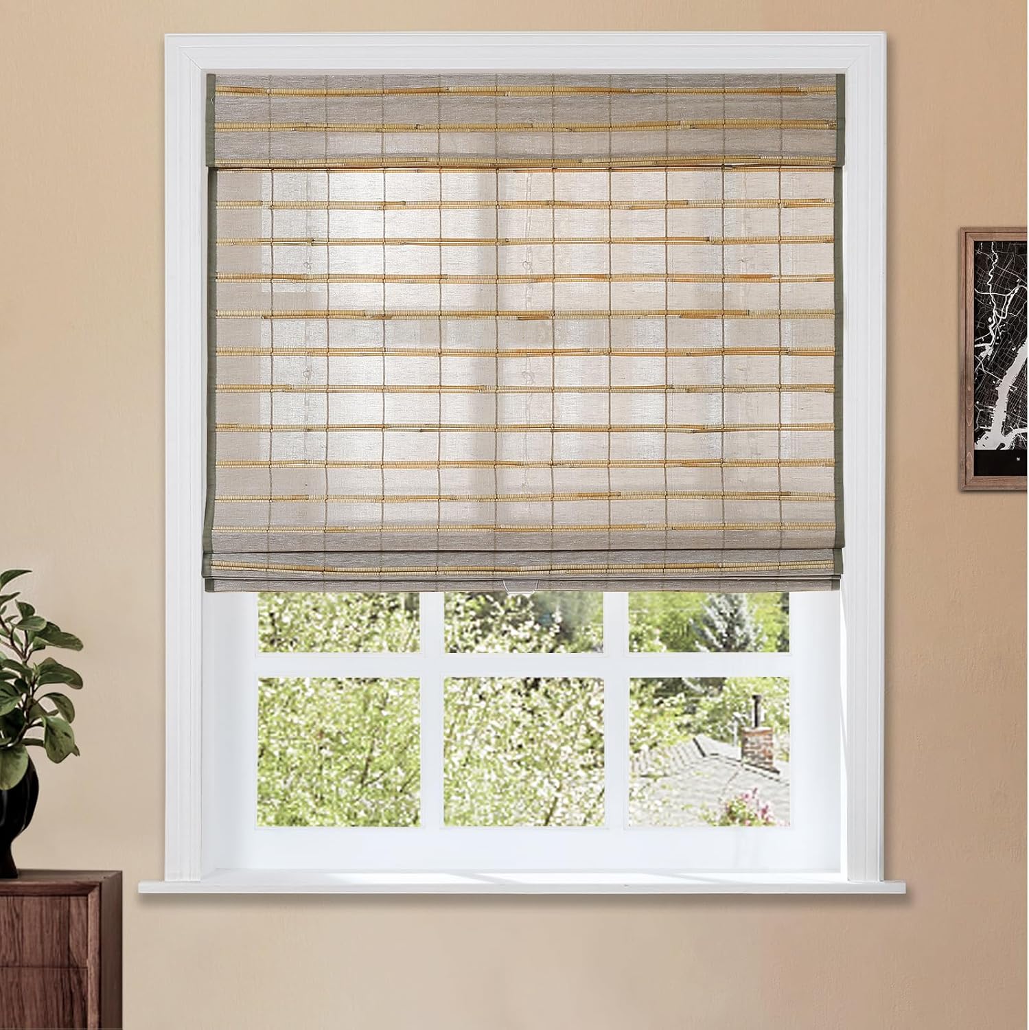 TWOPAGES Natural Cordless Ramie Roman Shade No Drill Customized Roman Blind Light Filtering Blackout Roman Window Shade for Windows, Beige, 1 Piece