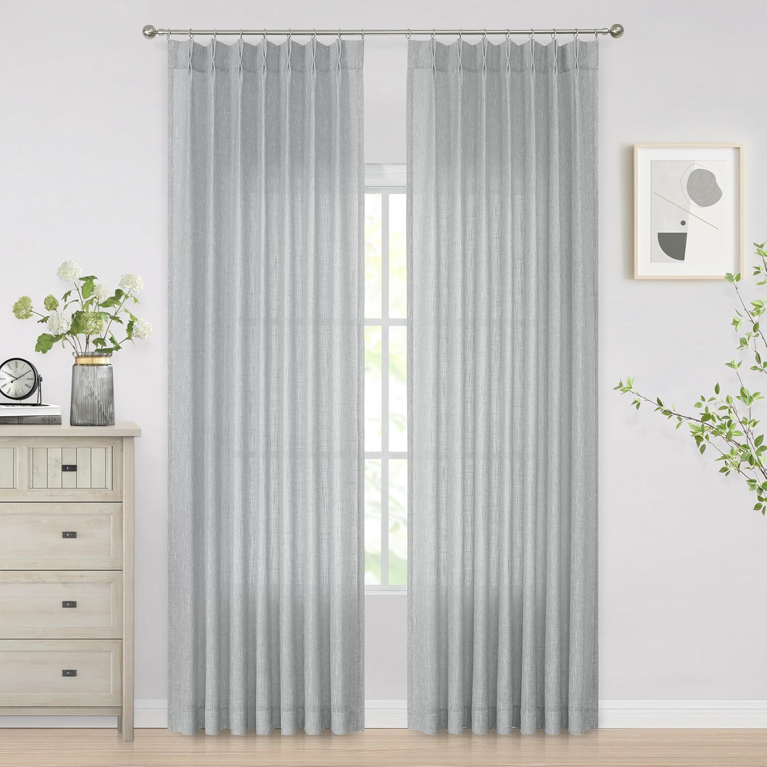 Vision Home Natural Pinch Pleated Semi Sheer Curtains Textured Linen Blended Light Filtering Window Curtains 90 inch for Living Room Bedroom Pinch Pleat Drapes with Hooks 2 Panels 42" Wx90 L